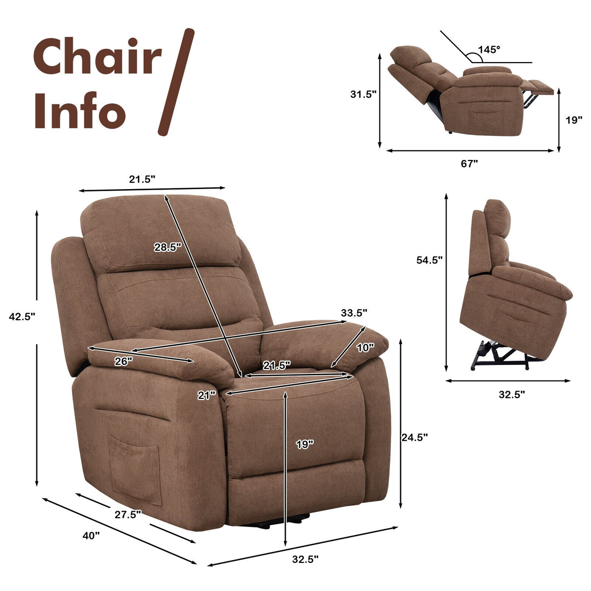 Power Lift Recliner Sofa with Side Pocket and Remote Control-Brown-Recliners-DECOROLALA