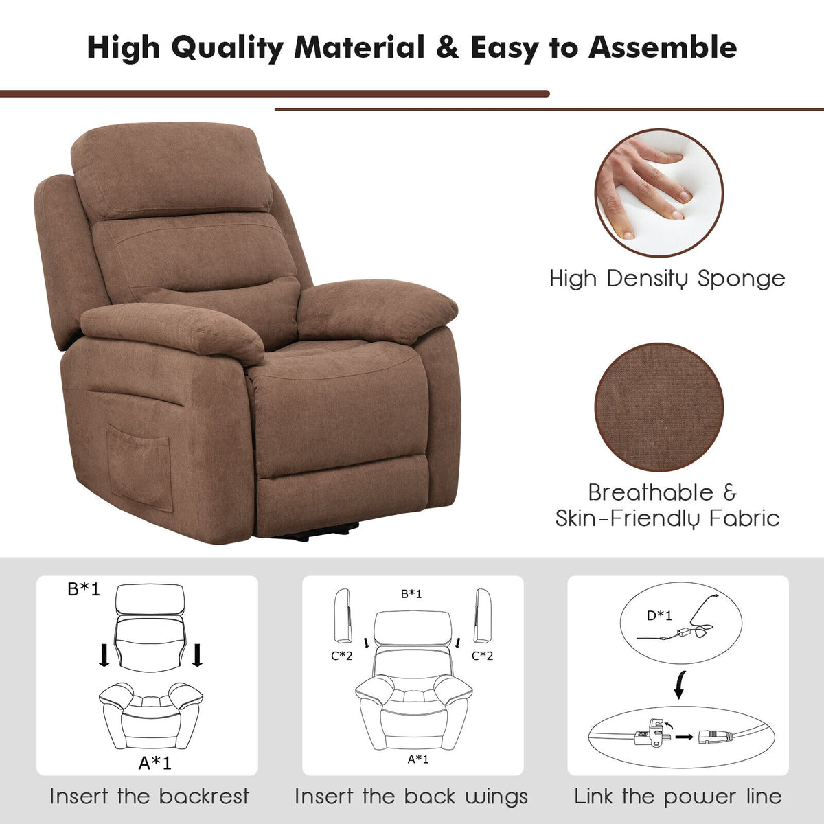 Power Lift Recliner Sofa with Side Pocket and Remote Control-Brown-Recliners-DECOROLALA