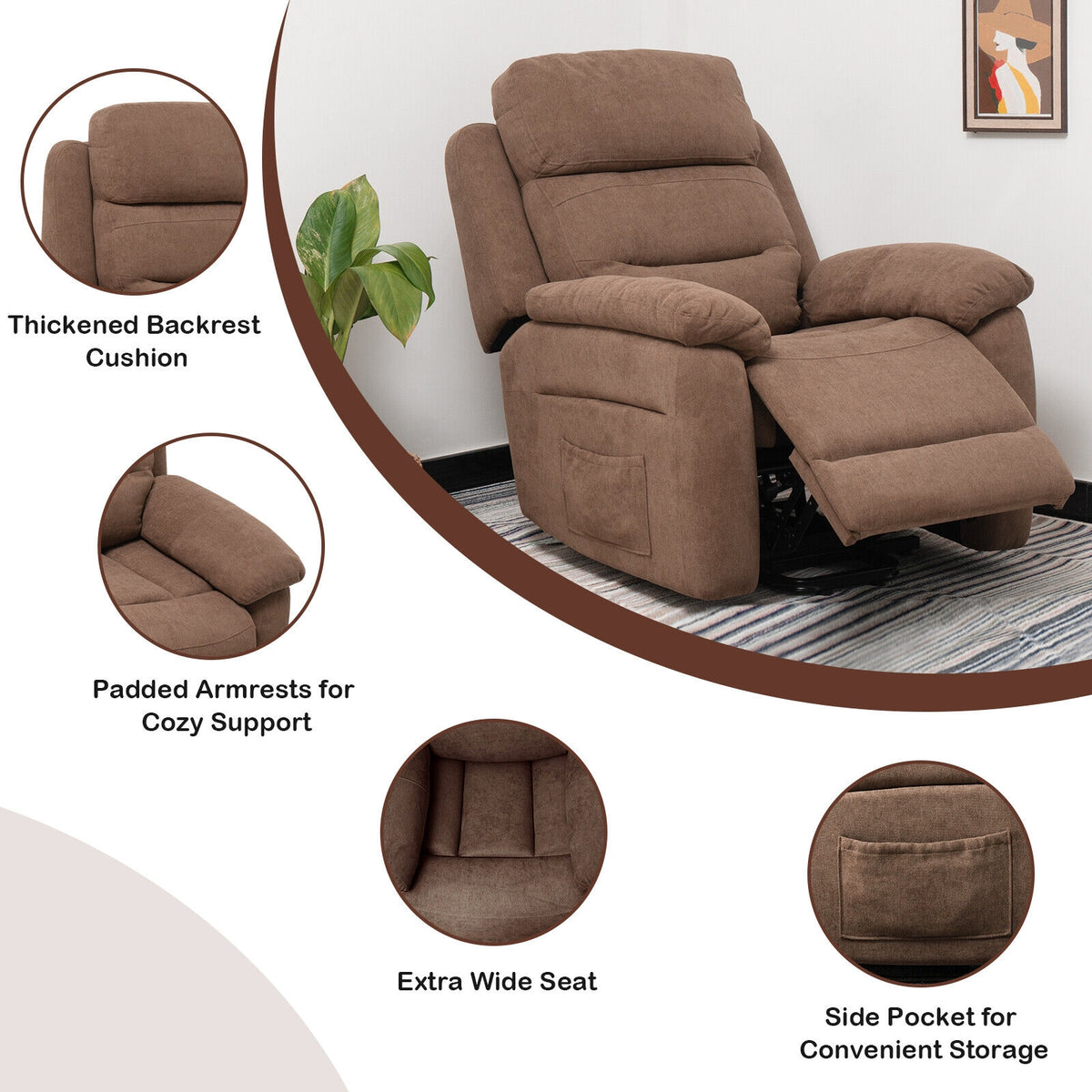 Power Lift Recliner Sofa with Side Pocket and Remote Control-Brown-Recliners-DECOROLALA