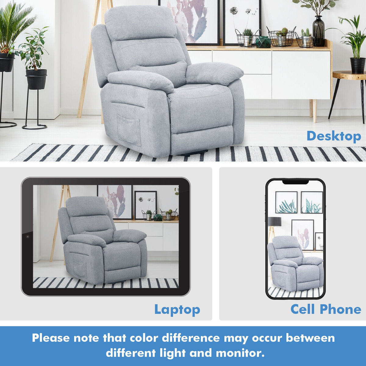 Power Lift Recliner Sofa with Side Pocket and Remote Control-Gray-Recliners-DECOROLALA