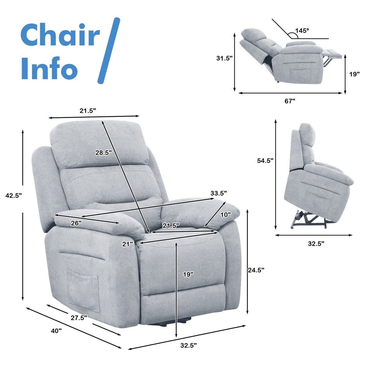 Power Lift Recliner Sofa with Side Pocket and Remote Control-Gray-Recliners-DECOROLALA