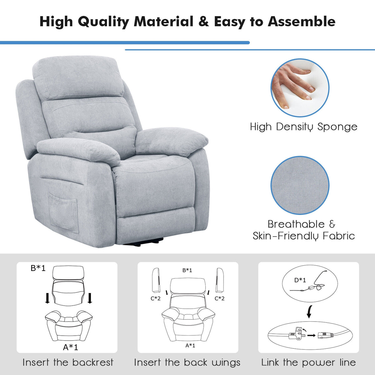 Power Lift Recliner Sofa with Side Pocket and Remote Control-Gray-Recliners-DECOROLALA