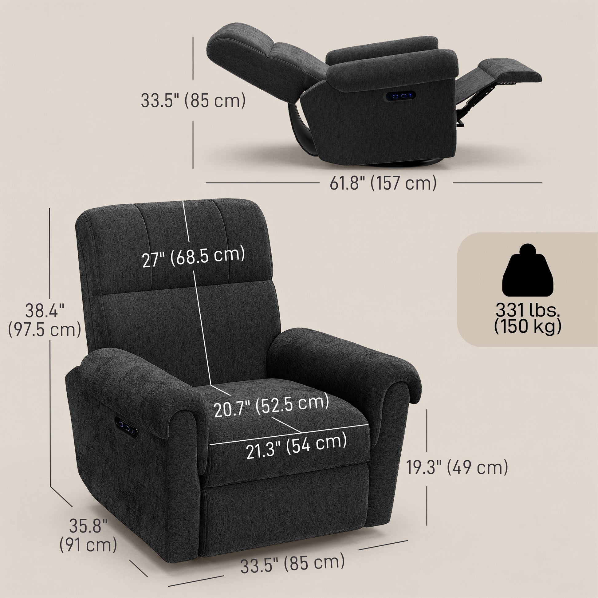 Power Recliner Chair - Black Chenille USB-DECOROLALA
