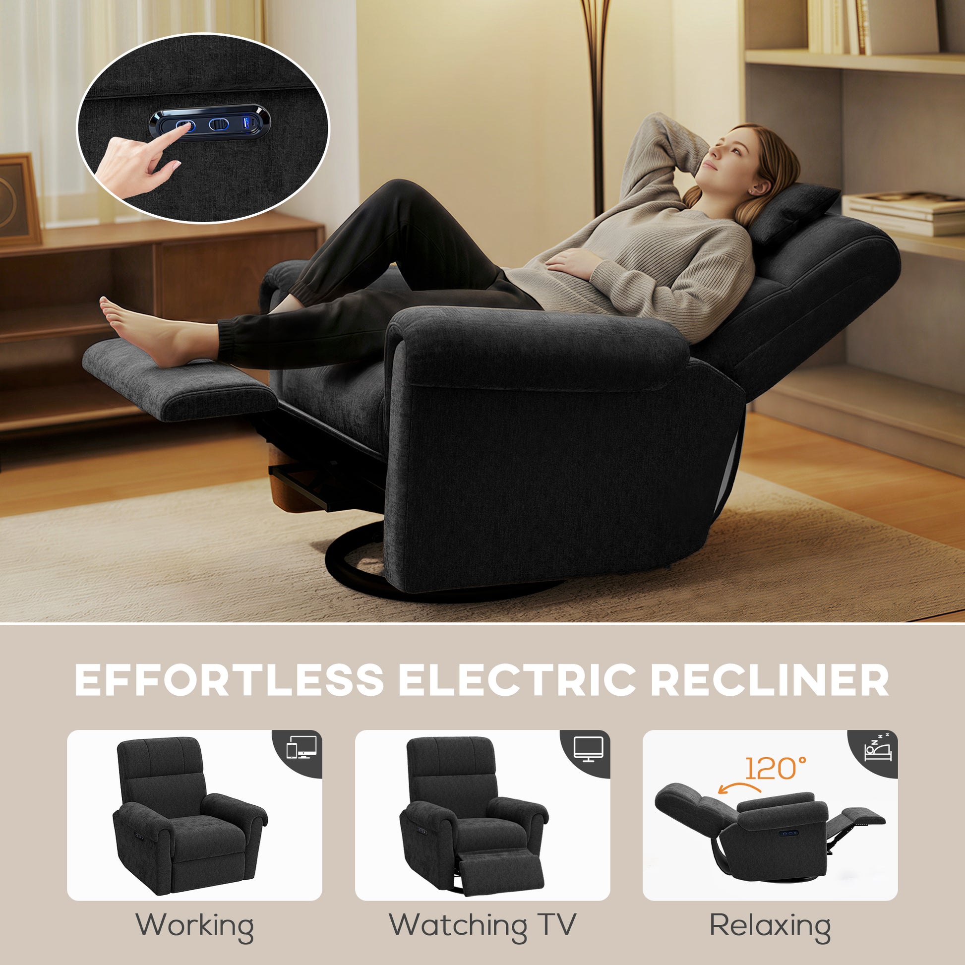 Power Recliner Chair - Black Chenille USB-DECOROLALA