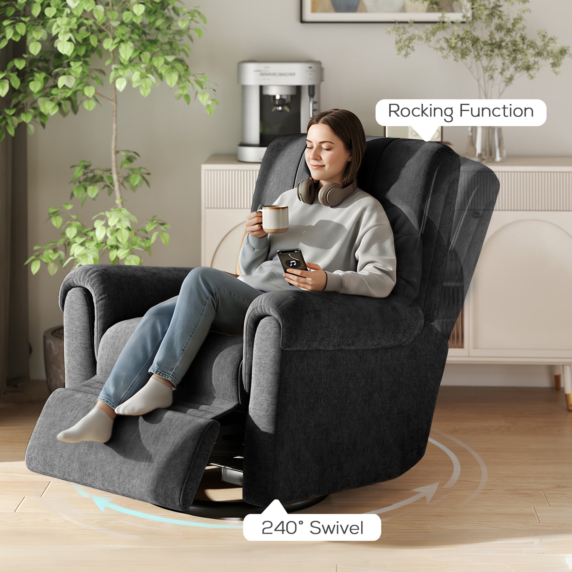 Power Recliner Chair - Black Chenille USB-DECOROLALA