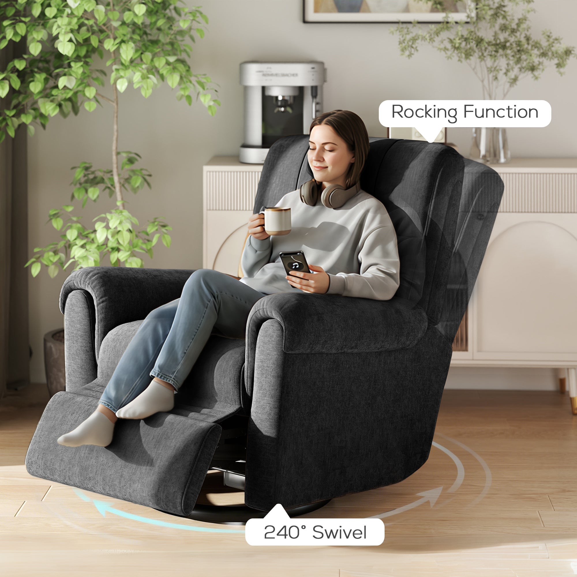 Power Recliner Chair - Black Chenille USB-DECOROLALA