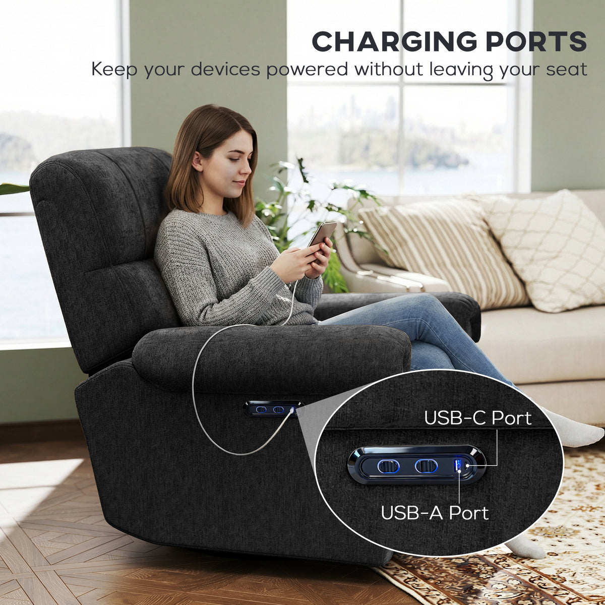 Power Recliner Chair - Black Chenille USB-Recliners-DECOROLALA