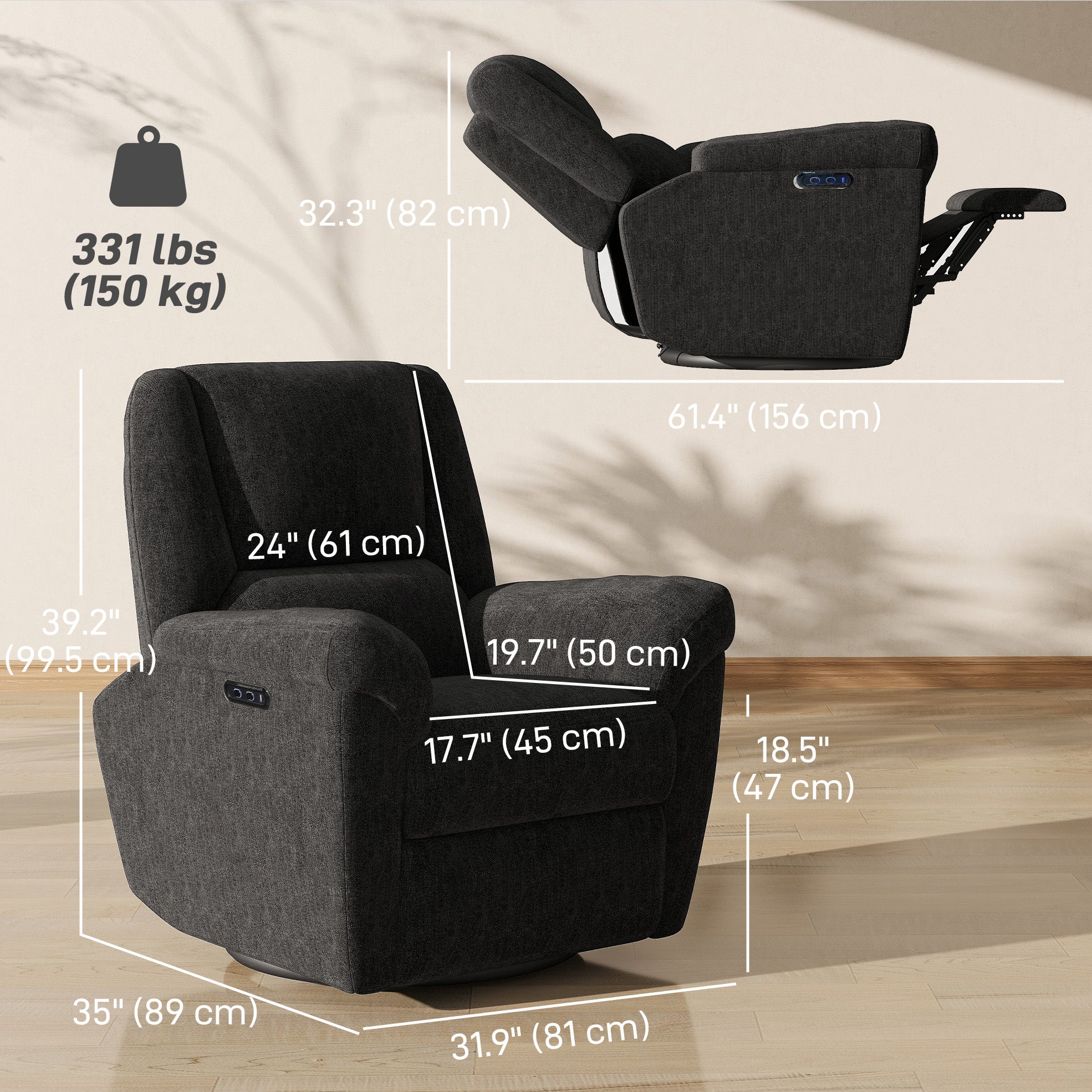 Power Recliner Chair Chenille Black USB-DECOROLALA