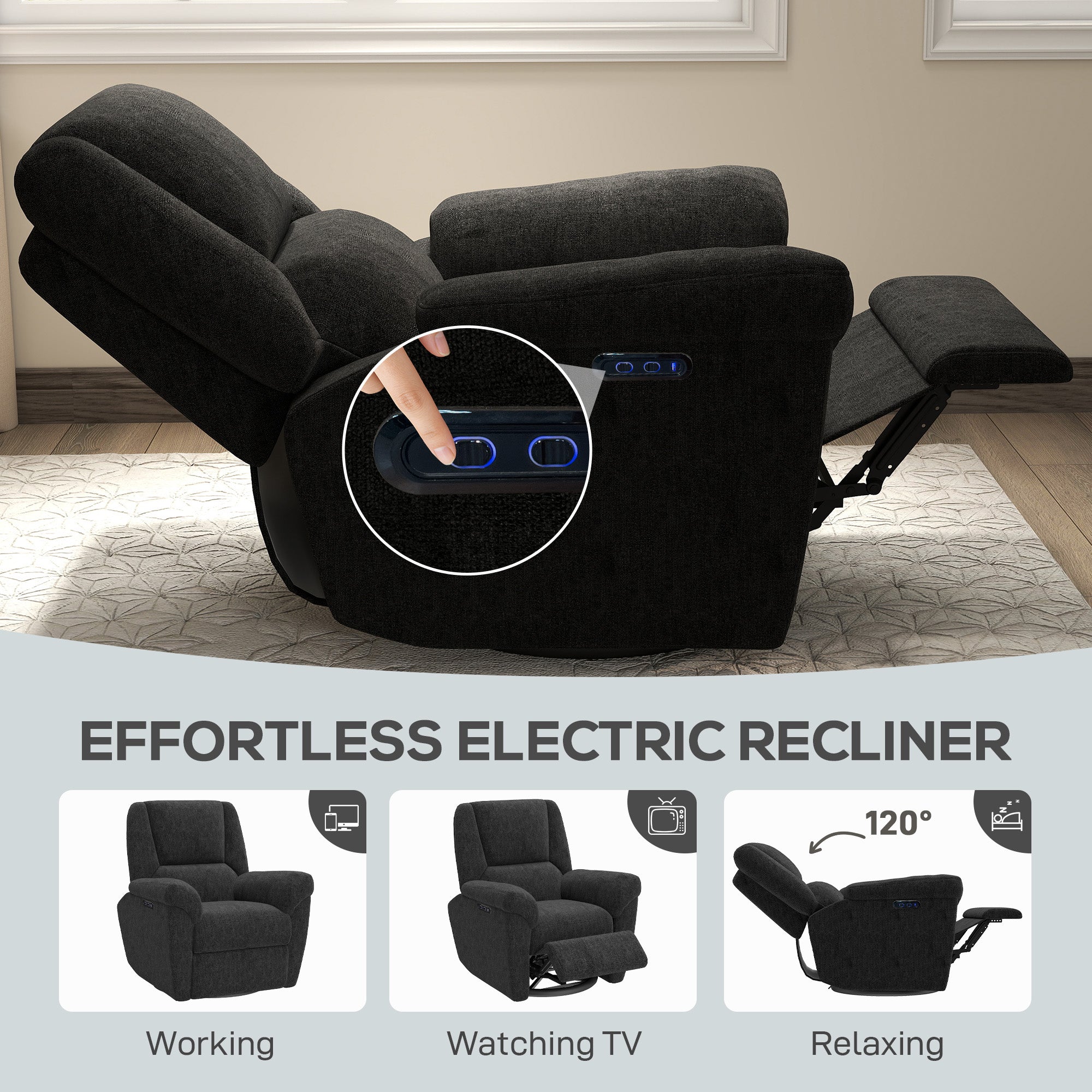 Power Recliner Chair Chenille Black USB-DECOROLALA