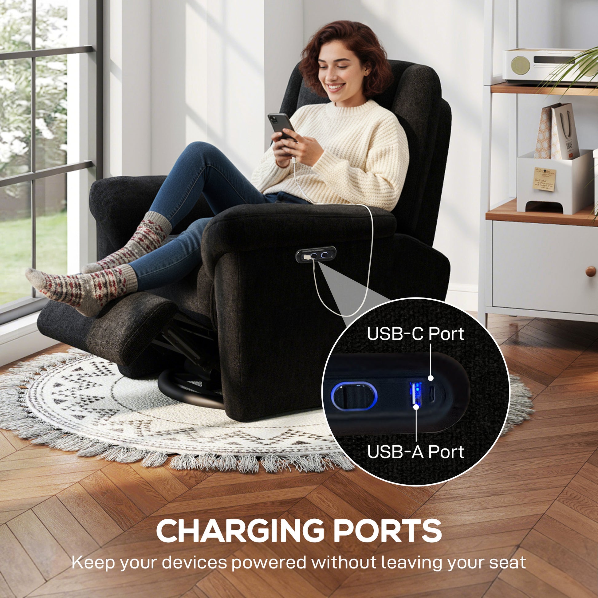 Power Recliner Chair Chenille Black USB-DECOROLALA
