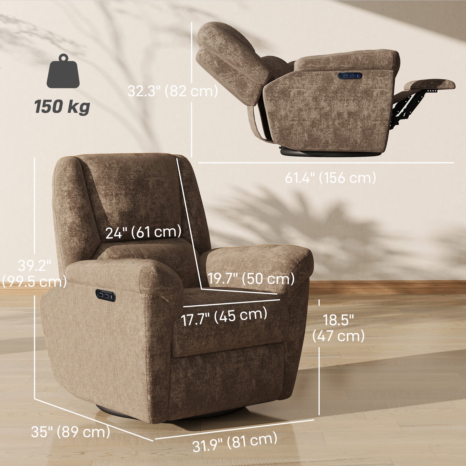 Power Recliner Chair Chenille Dark Brown USB-DECOROLALA
