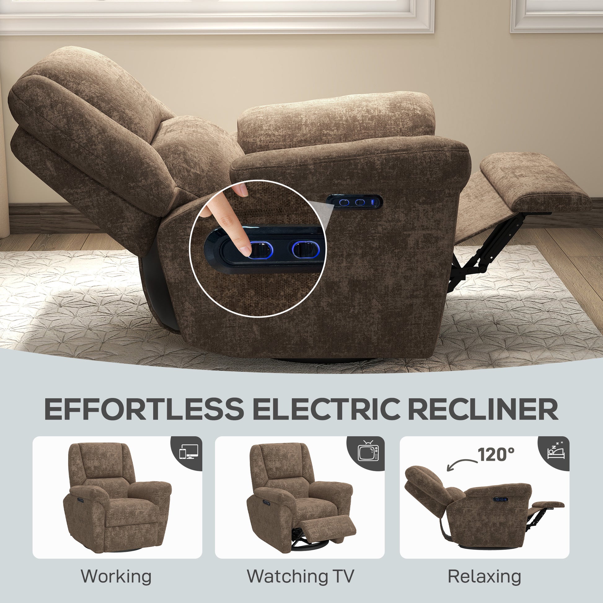 Power Recliner Chair Chenille Dark Brown USB-DECOROLALA