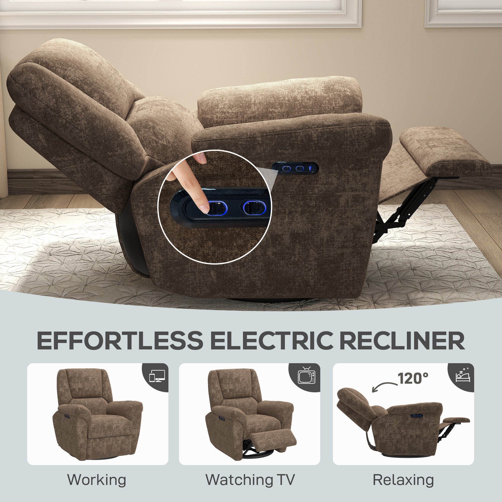 Power Recliner Chair Chenille Dark Brown USB-DECOROLALA