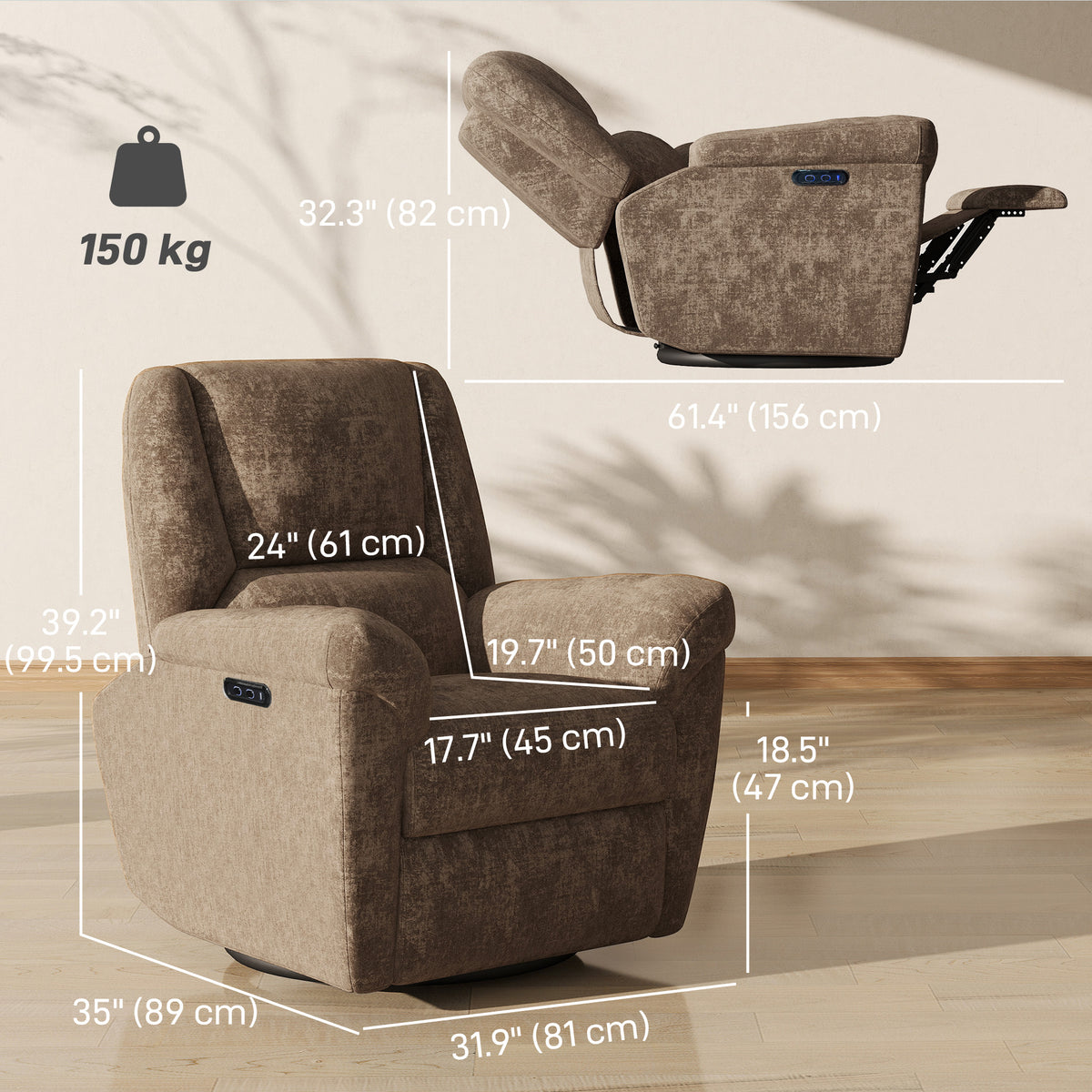 Power Recliner Chair Chenille Dark Brown USB-DECOROLALA