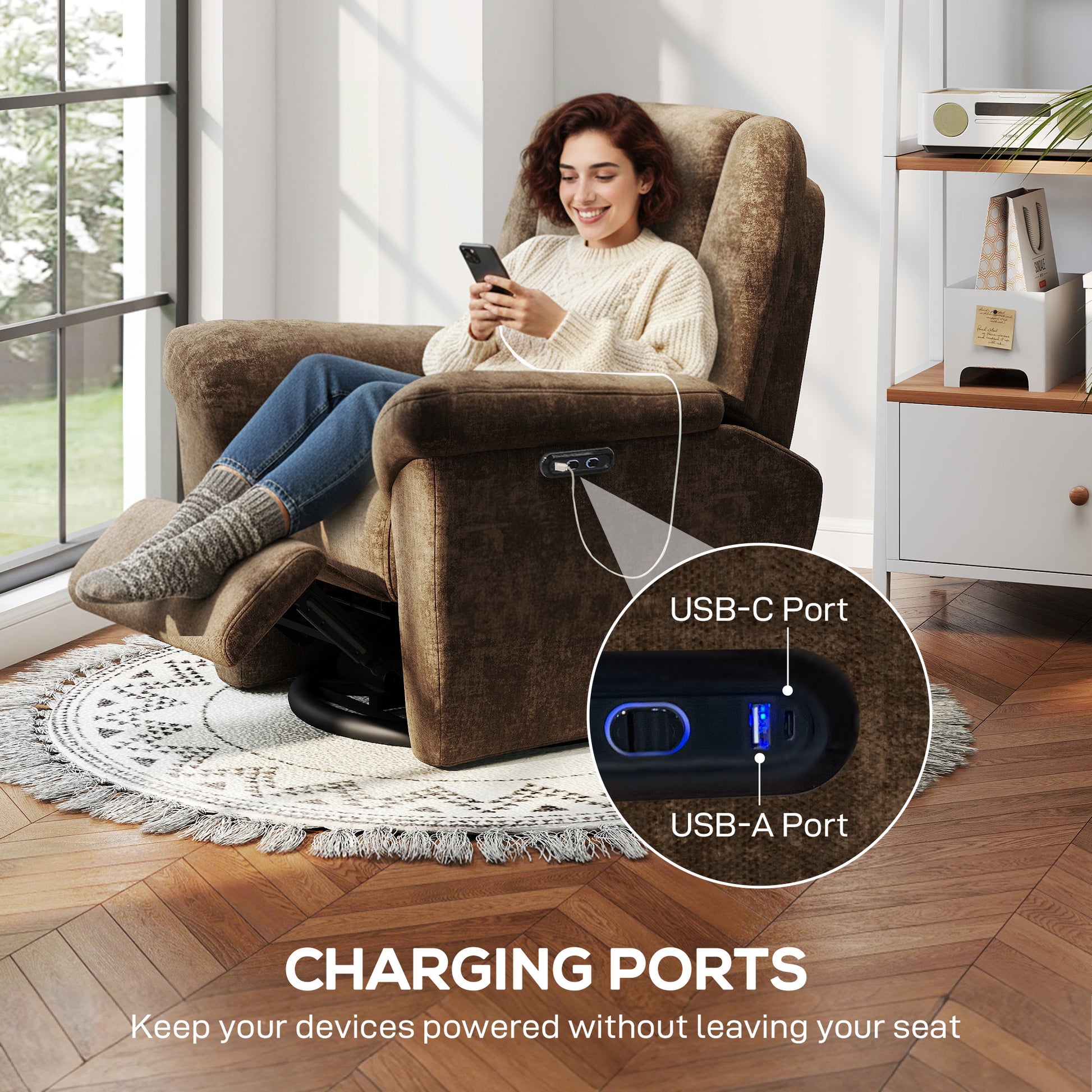 Power Recliner Chair Chenille Dark Brown USB-DECOROLALA