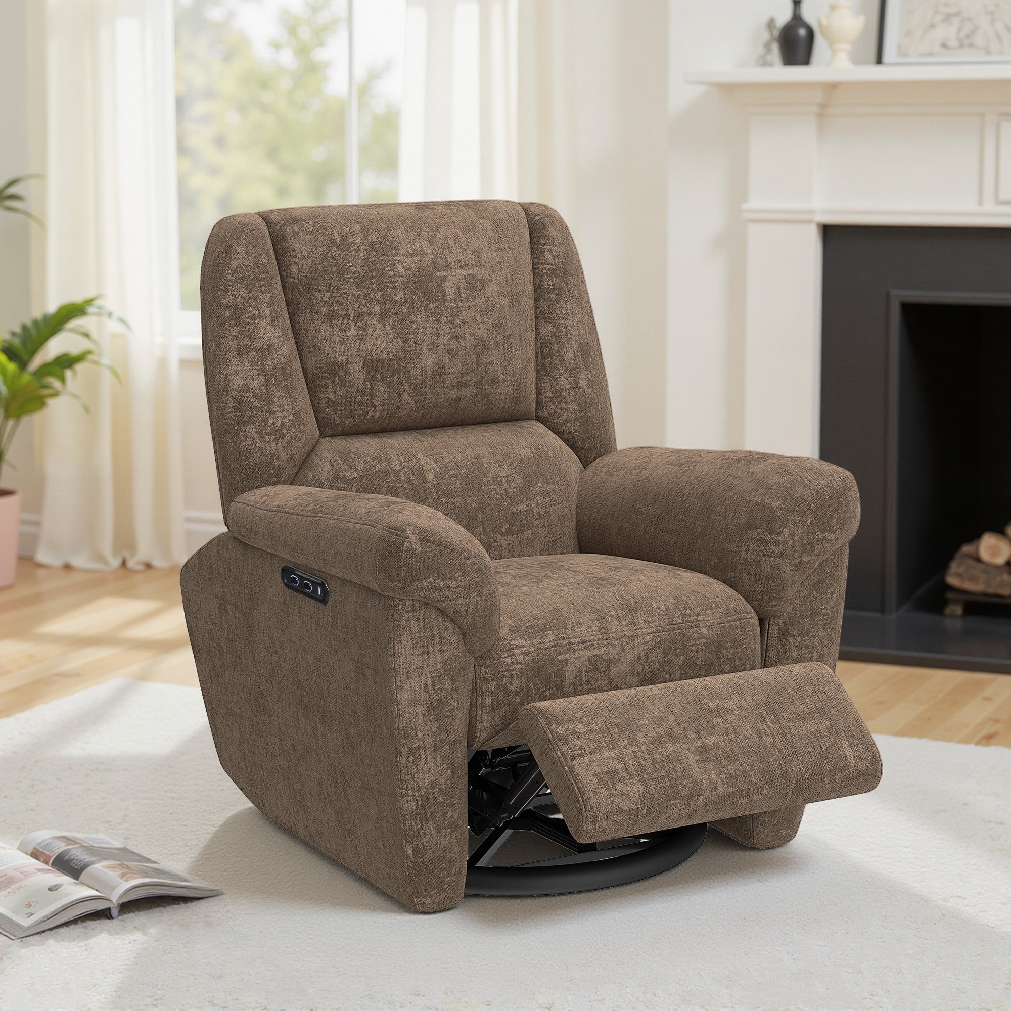Power Recliner Chair Chenille Dark Brown USB-DECOROLALA