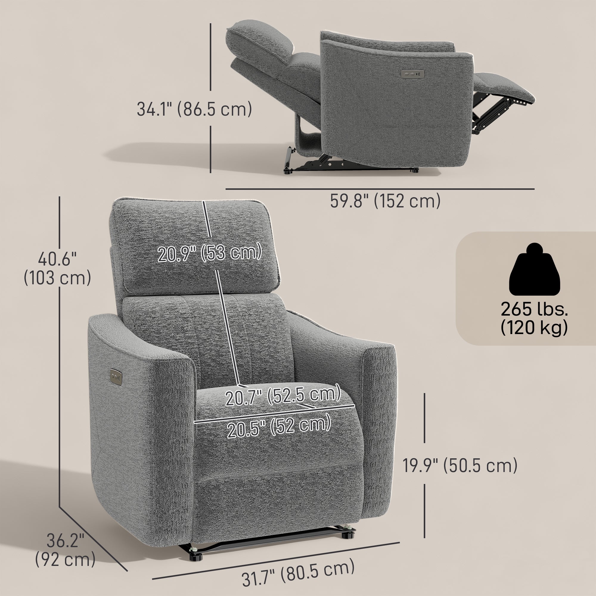 Power Recliner Chair Chenille Dark Grey USB-DECOROLALA