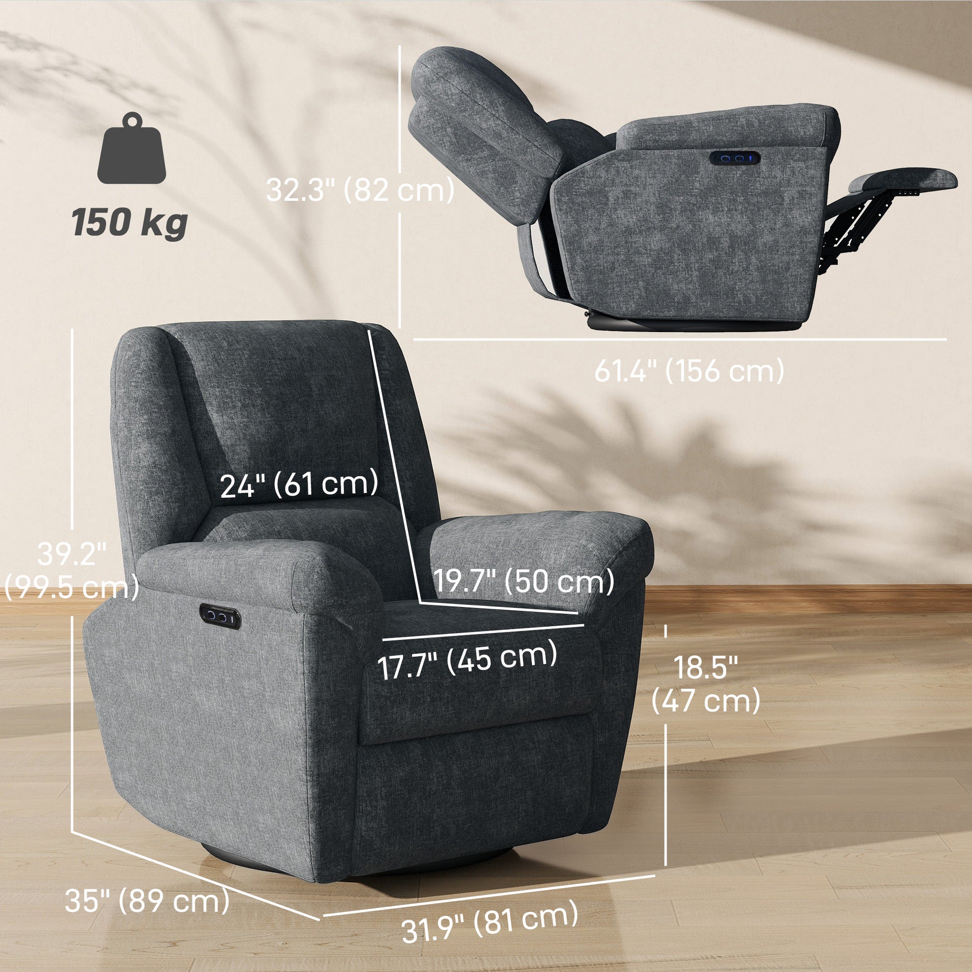Power Recliner Chair Chenille Dark Grey USB-DECOROLALA