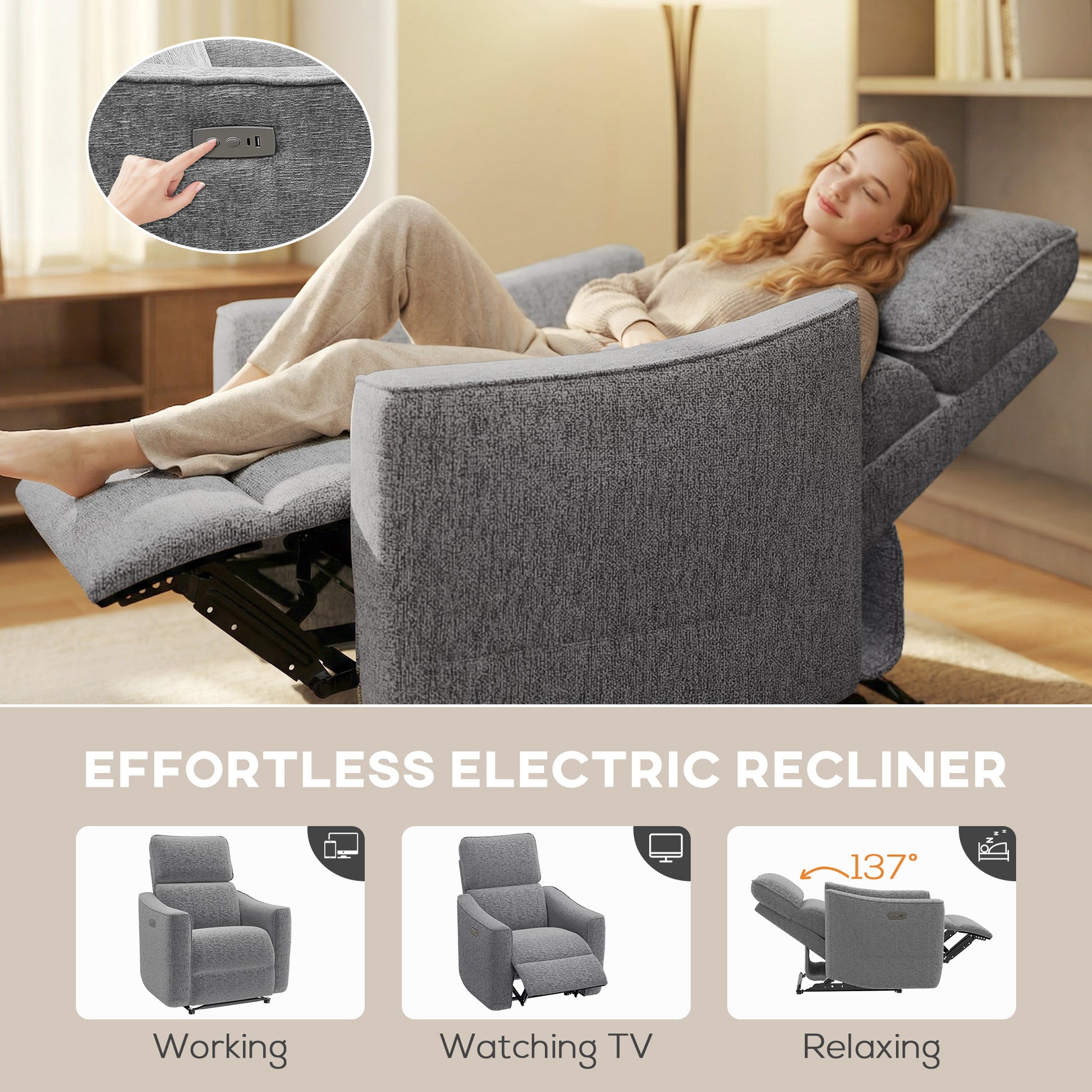 Power Recliner Chair Chenille Dark Grey USB-DECOROLALA