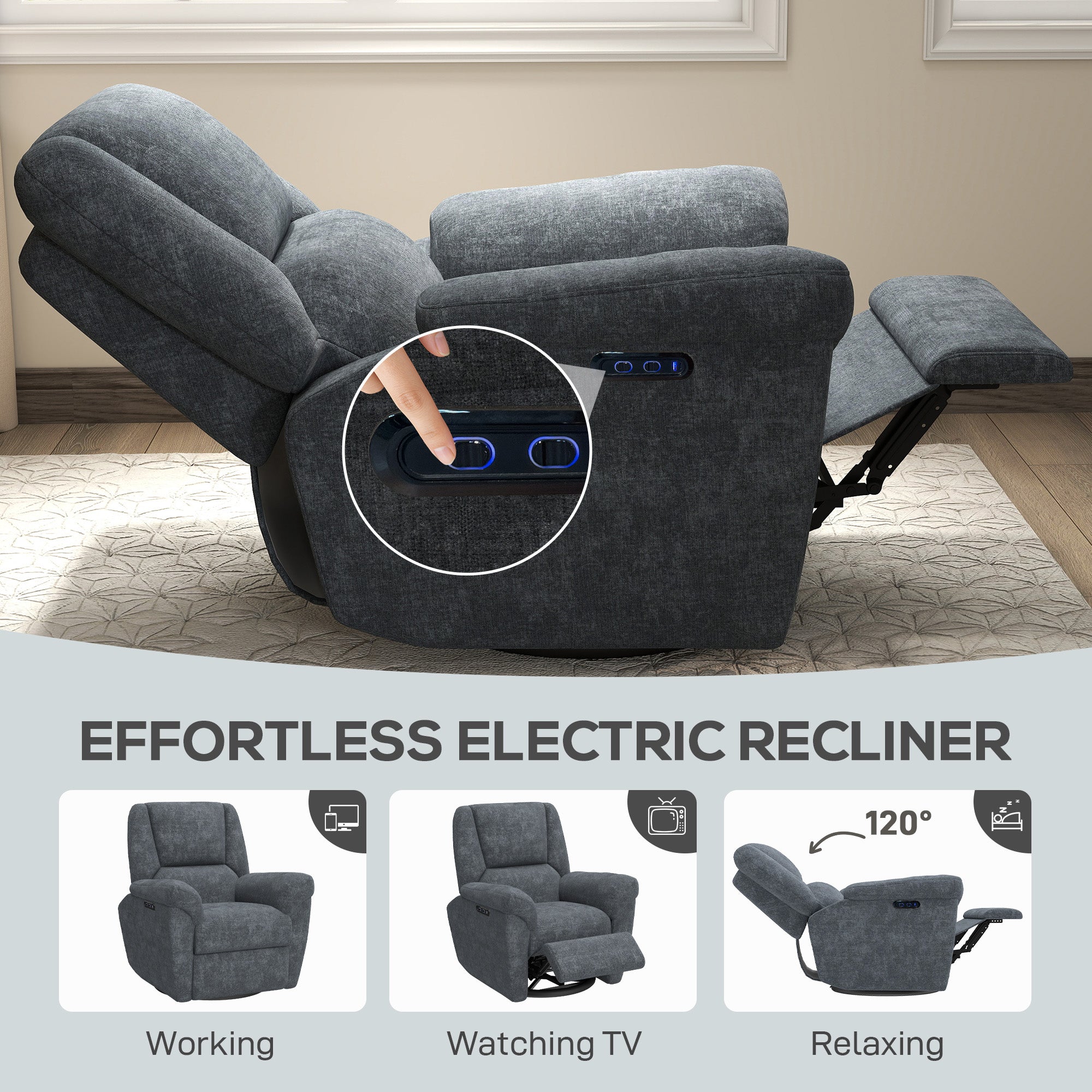 Power Recliner Chair Chenille Dark Grey USB-DECOROLALA