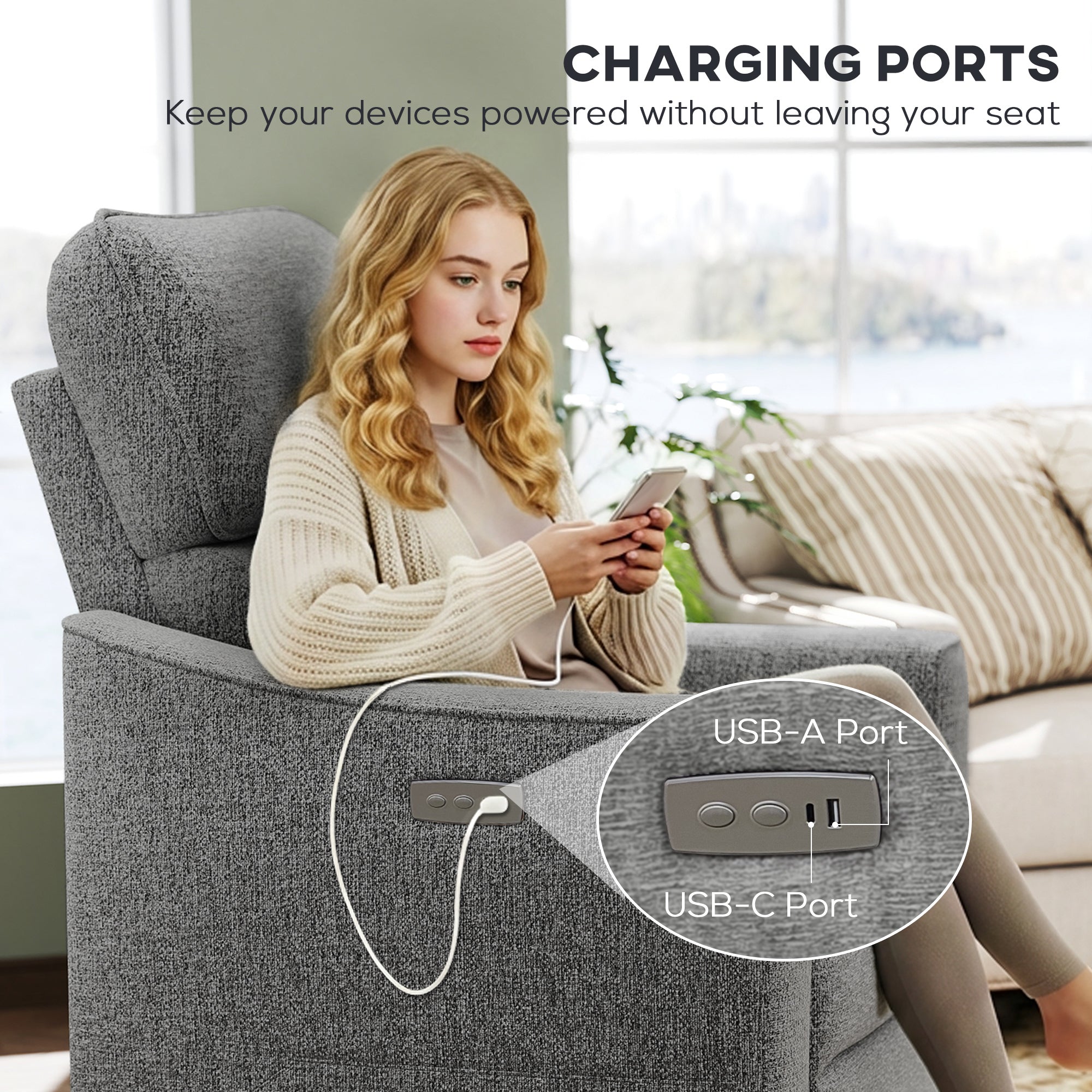 Power Recliner Chair Chenille Dark Grey USB-DECOROLALA