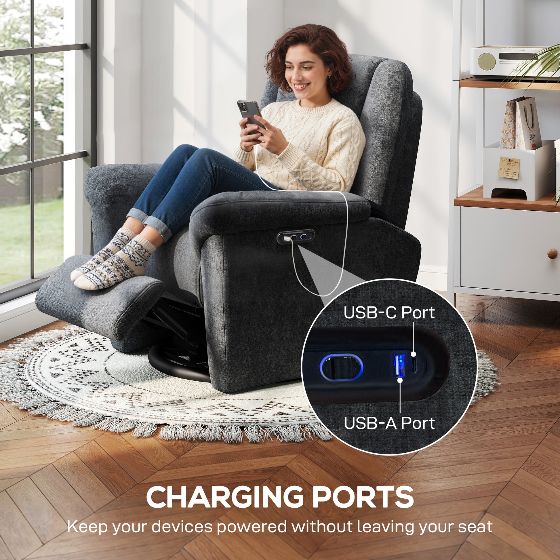 Power Recliner Chair Chenille Dark Grey USB-DECOROLALA