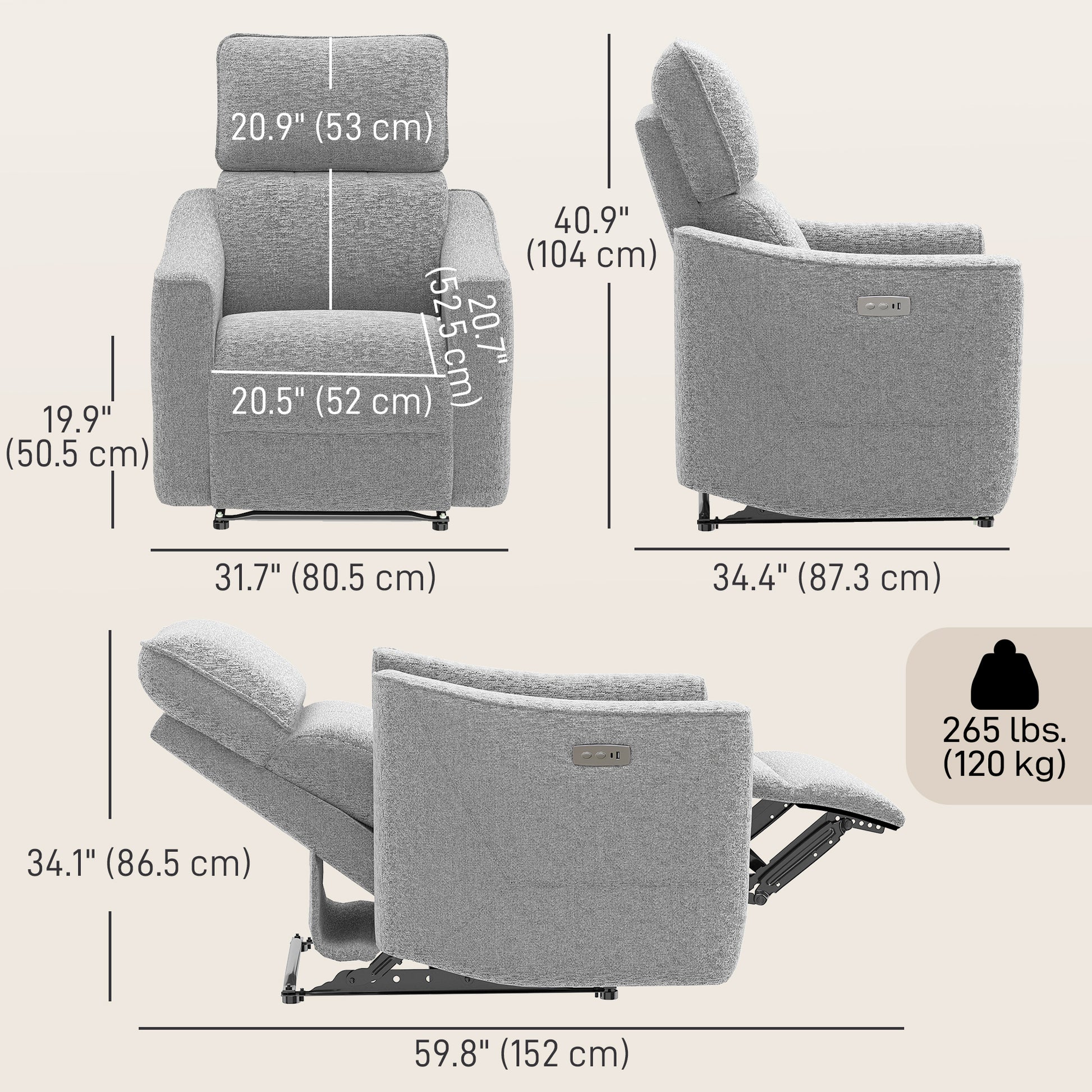 Power Recliner Chair Chenille Grey USB-DECOROLALA