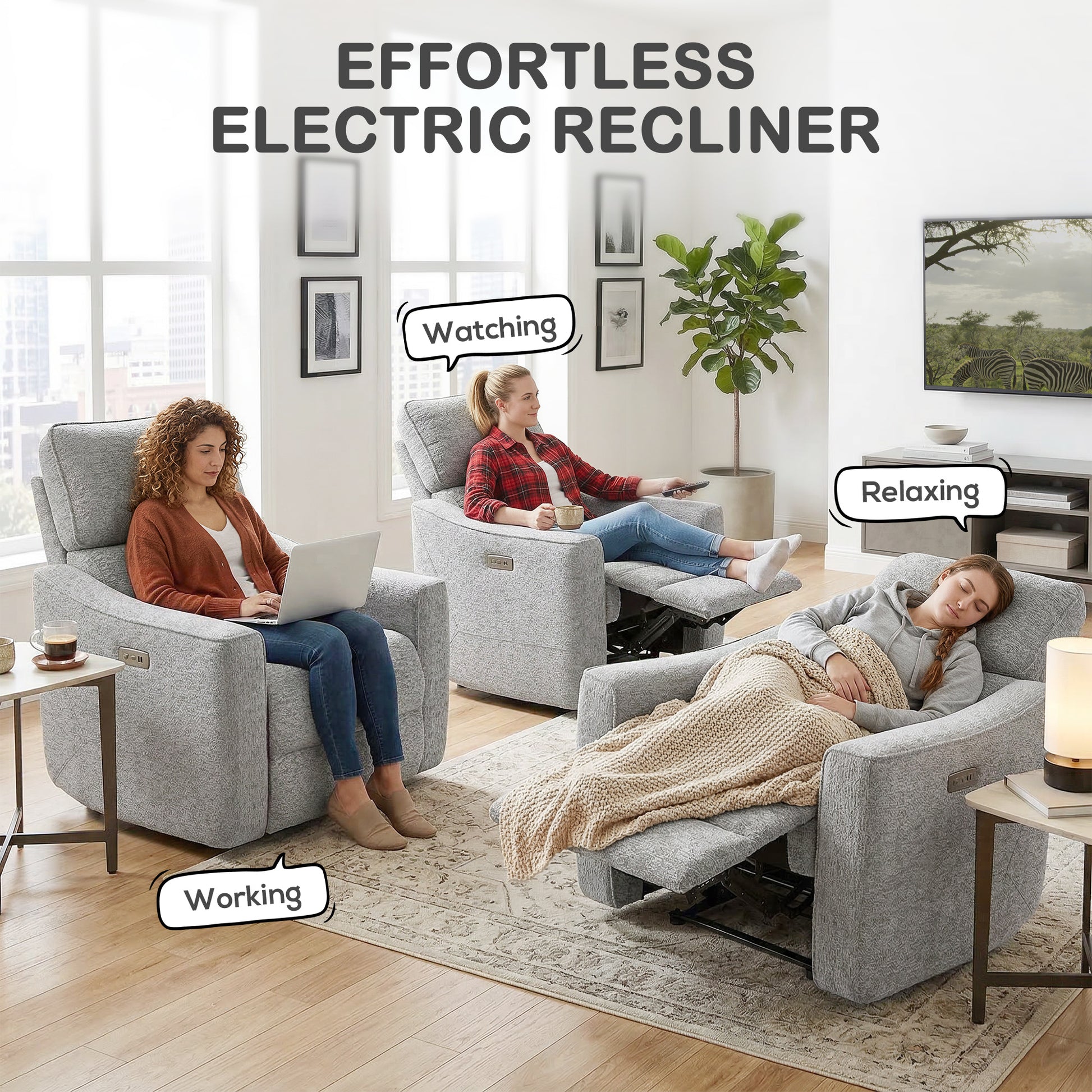Power Recliner Chair Chenille Grey USB-DECOROLALA