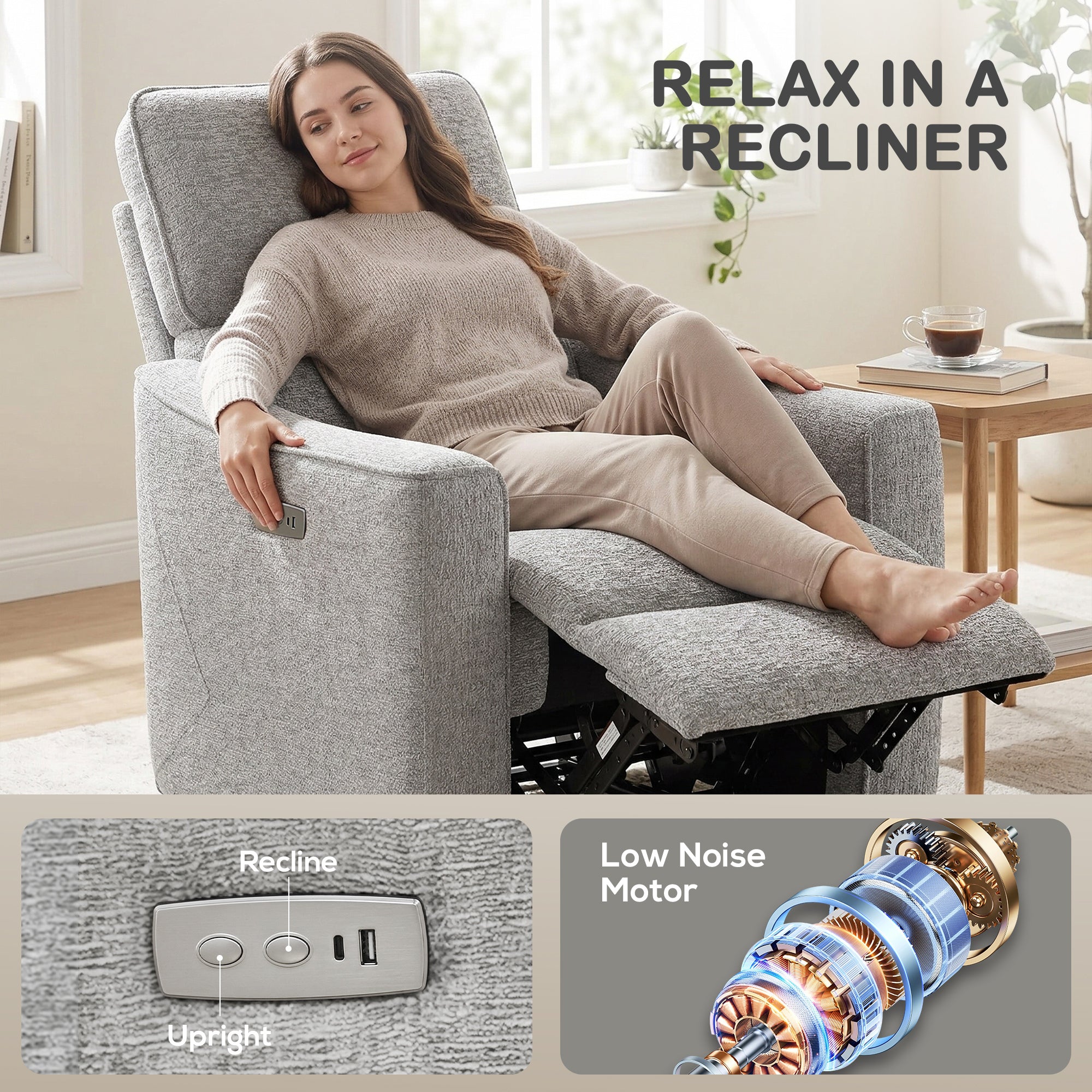 Power Recliner Chair Chenille Grey USB-DECOROLALA