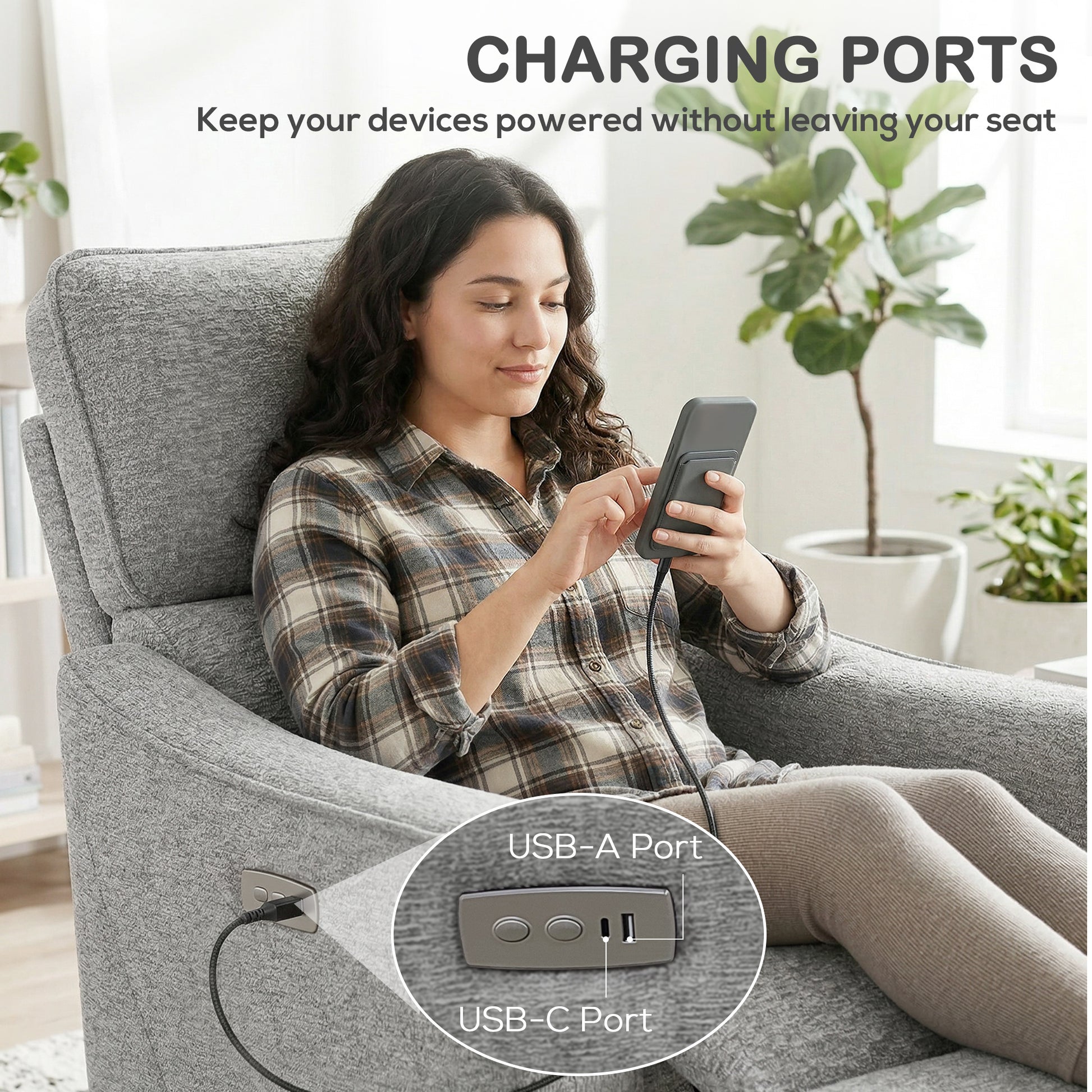 Power Recliner Chair Chenille Grey USB-DECOROLALA