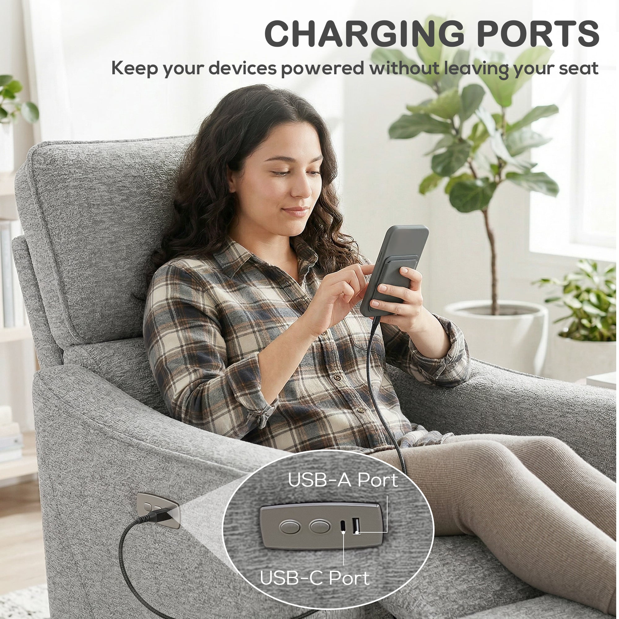 Power Recliner Chair Chenille Grey USB-DECOROLALA