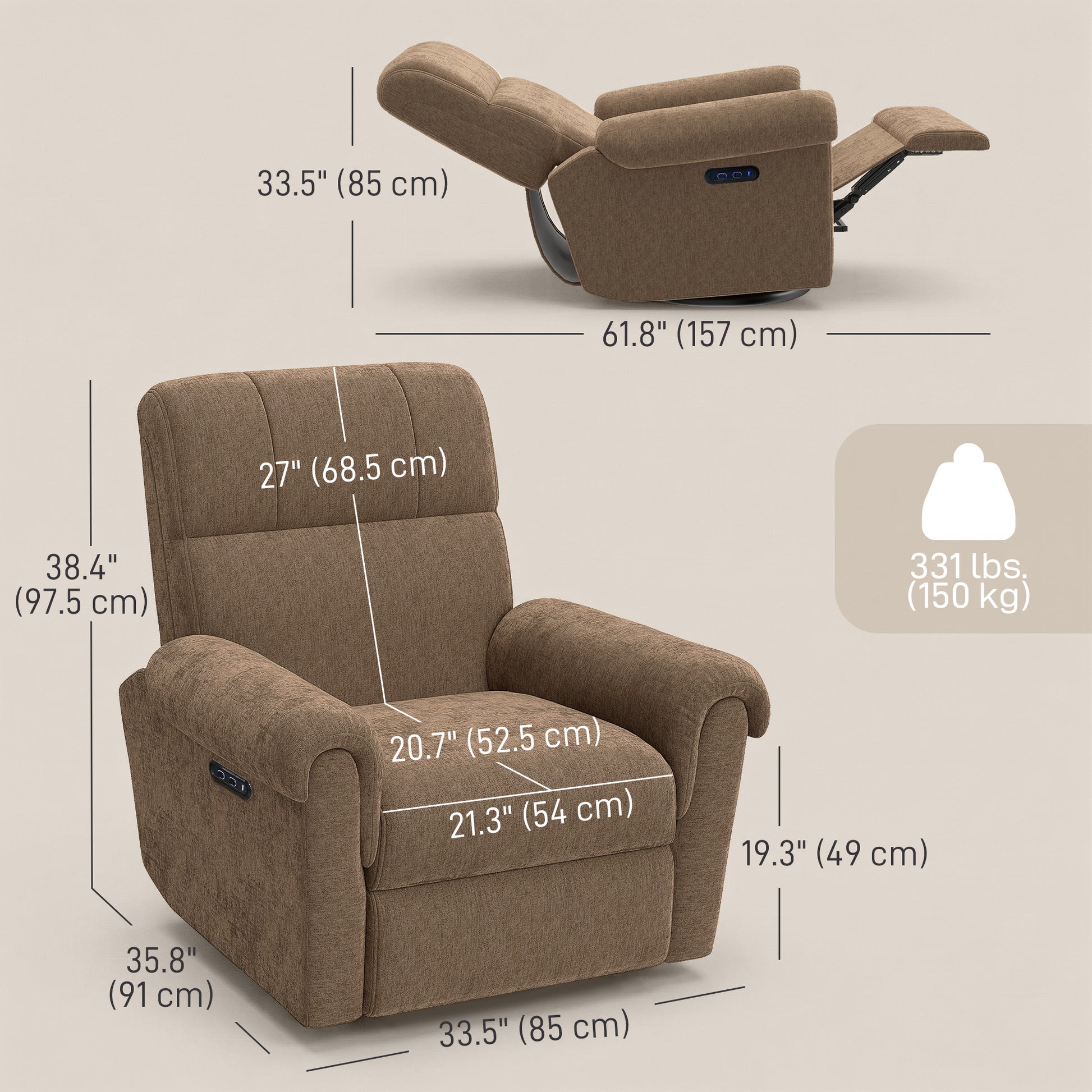 Power Recliner Chair - Dark Brown Chenille-DECOROLALA