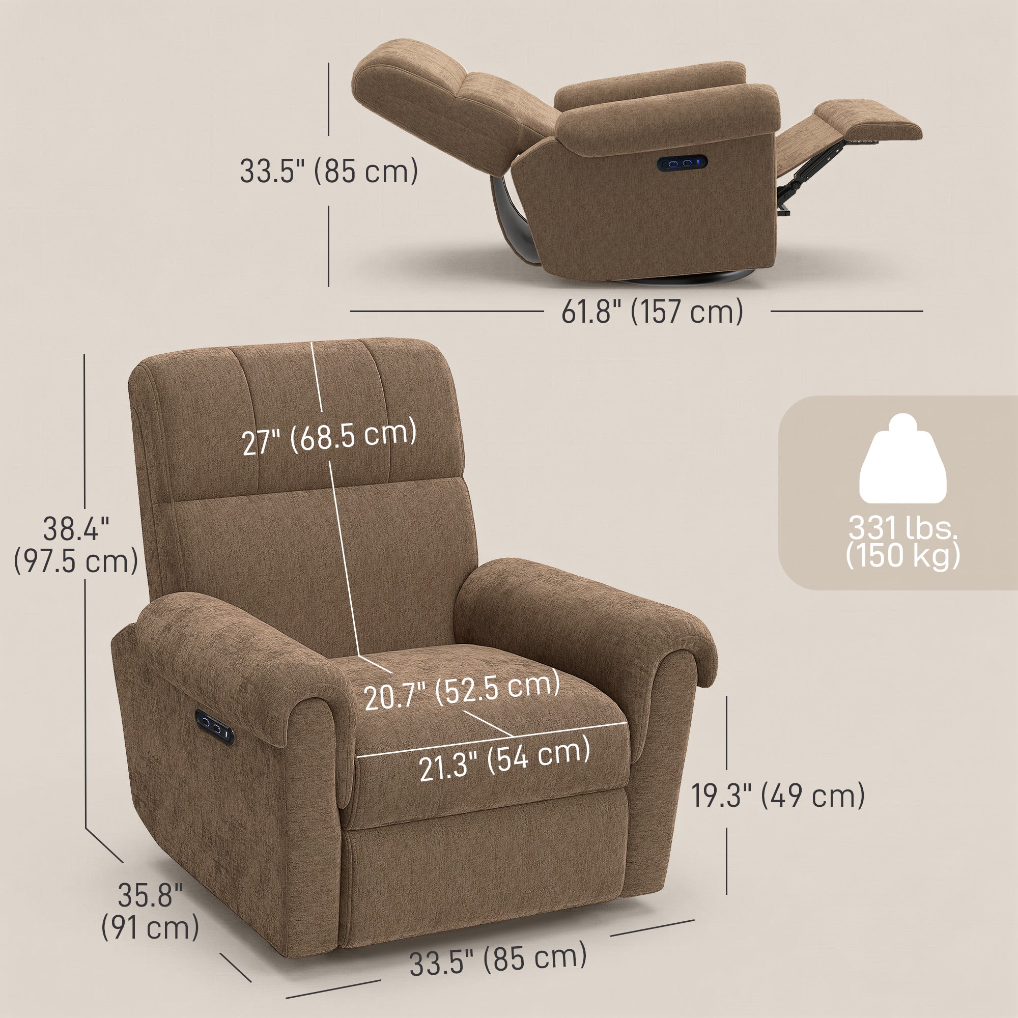 Power Recliner Chair - Dark Brown Chenille-DECOROLALA