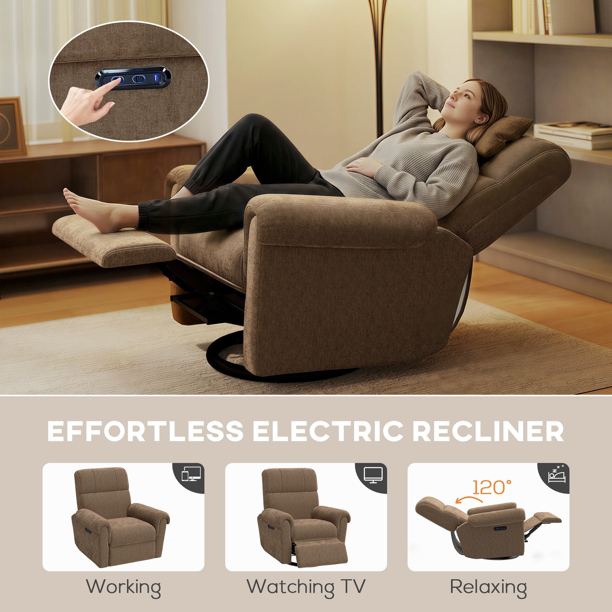 Power Recliner Chair - Dark Brown Chenille-DECOROLALA