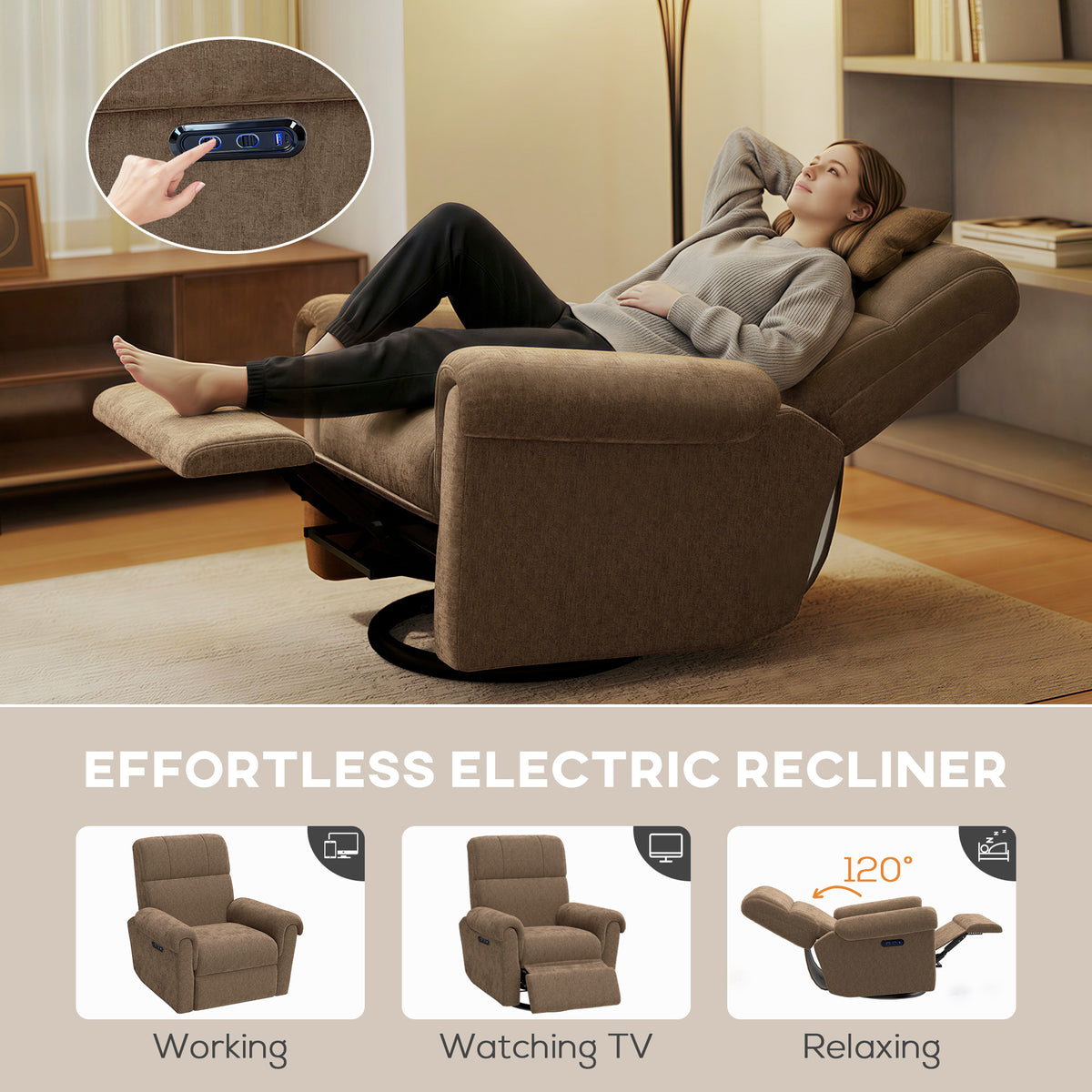 Power Recliner Chair - Dark Brown Chenille-DECOROLALA