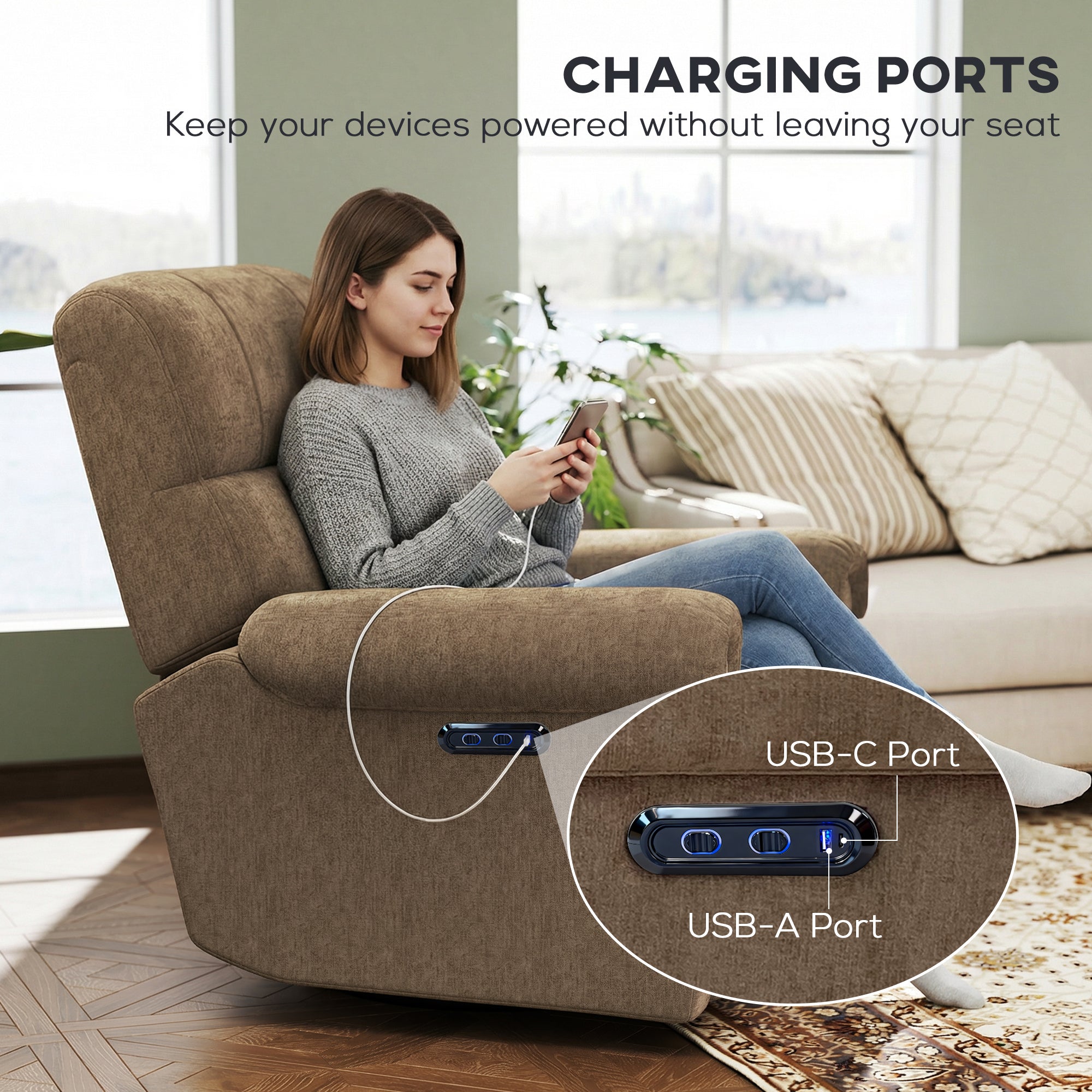 Power Recliner Chair - Dark Brown Chenille-DECOROLALA
