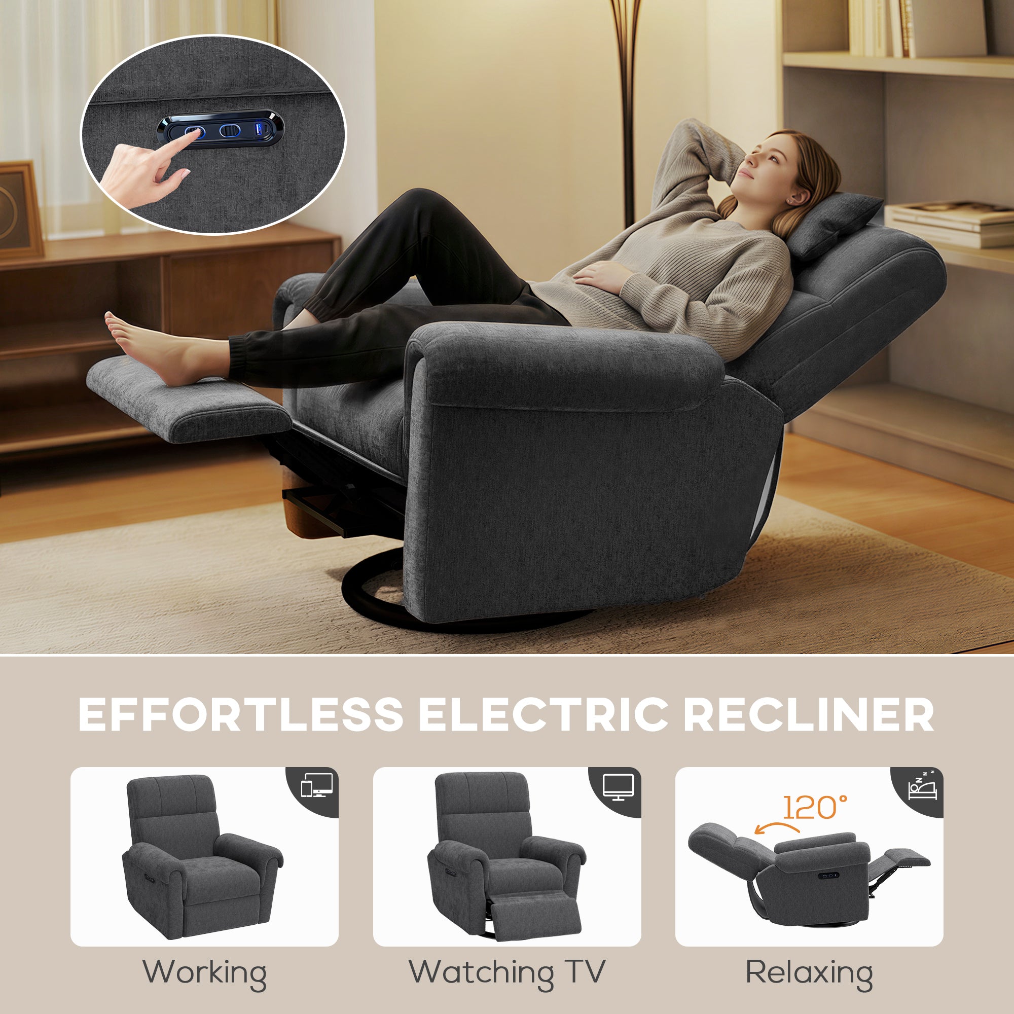 Power Recliner Chair - Dark Grey Chenille USB-DECOROLALA
