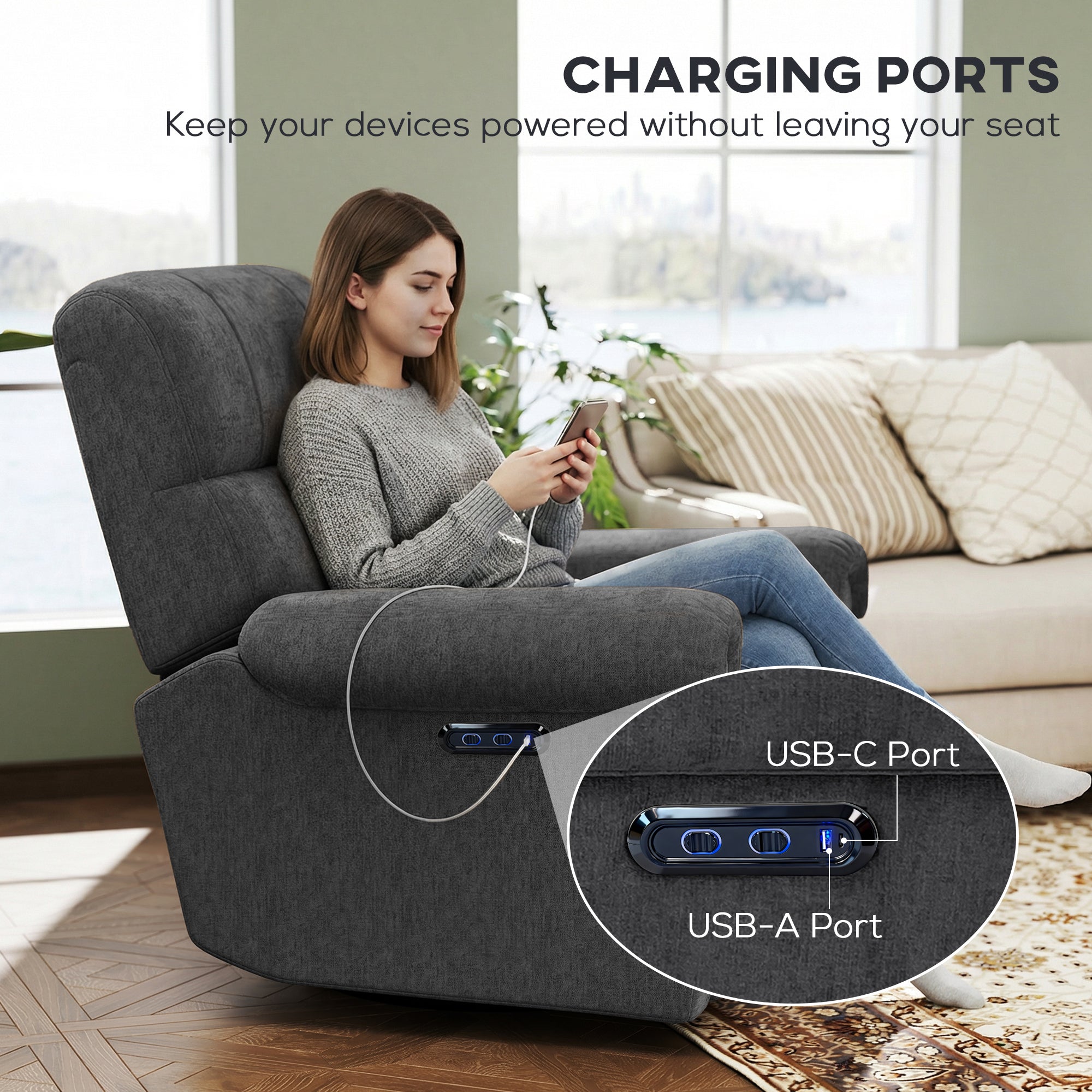 Power Recliner Chair - Dark Grey Chenille USB-DECOROLALA