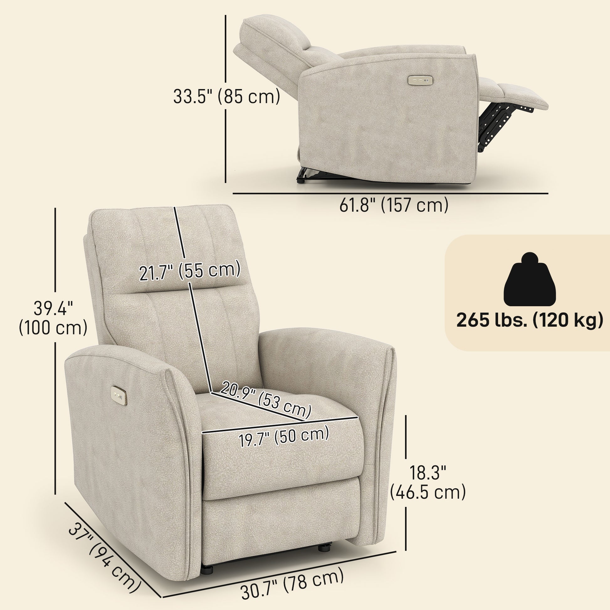 Power Recliner Chair Fabric USB Beige-DECOROLALA