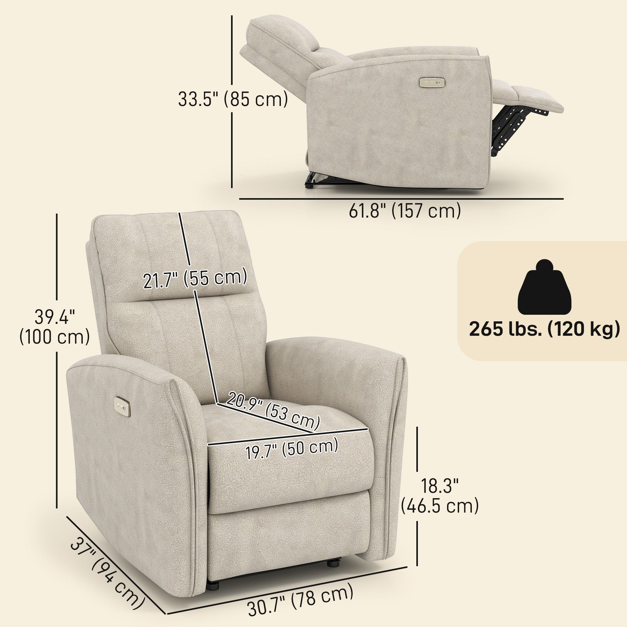 Power Recliner Chair Fabric USB Beige-DECOROLALA
