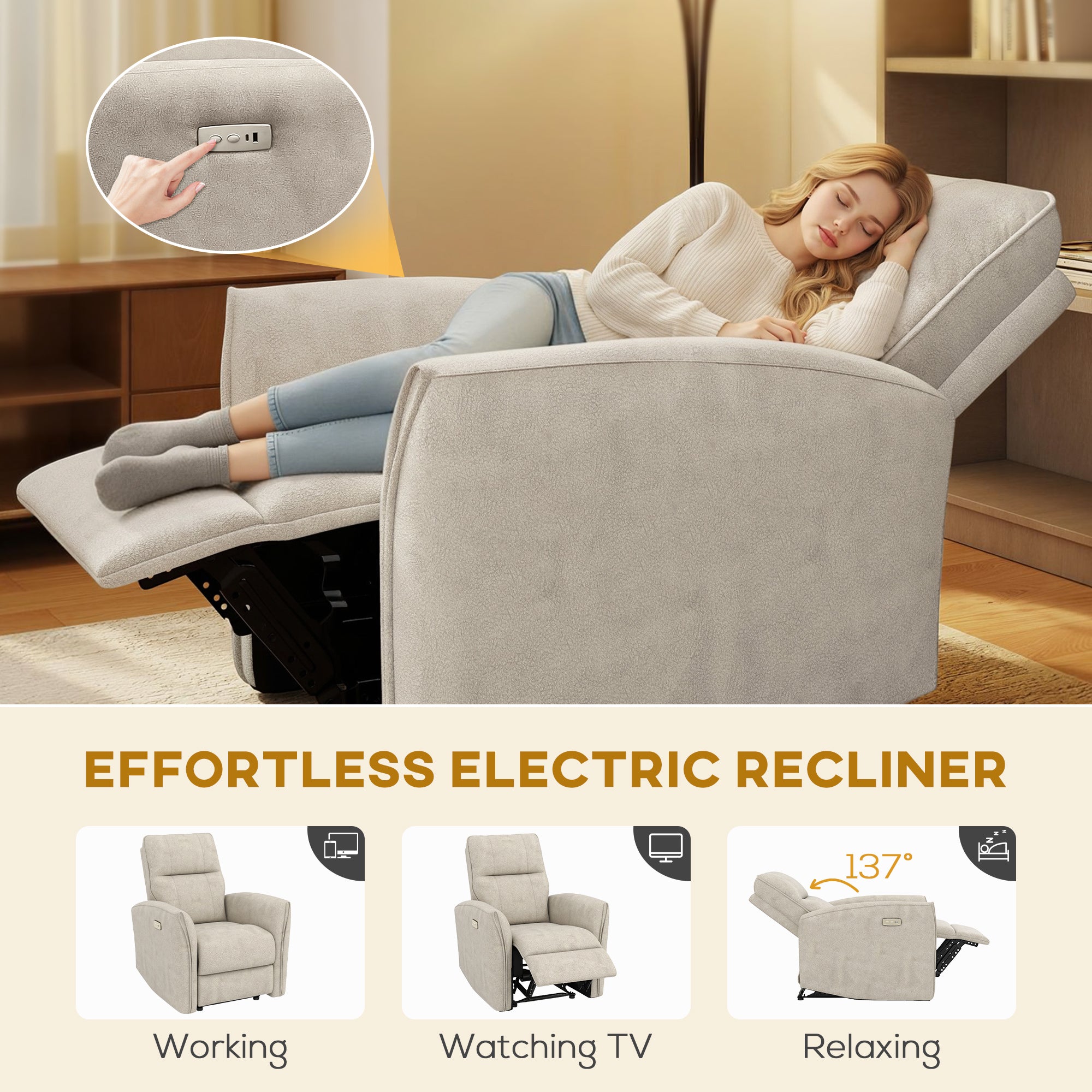 Power Recliner Chair Fabric USB Beige-DECOROLALA