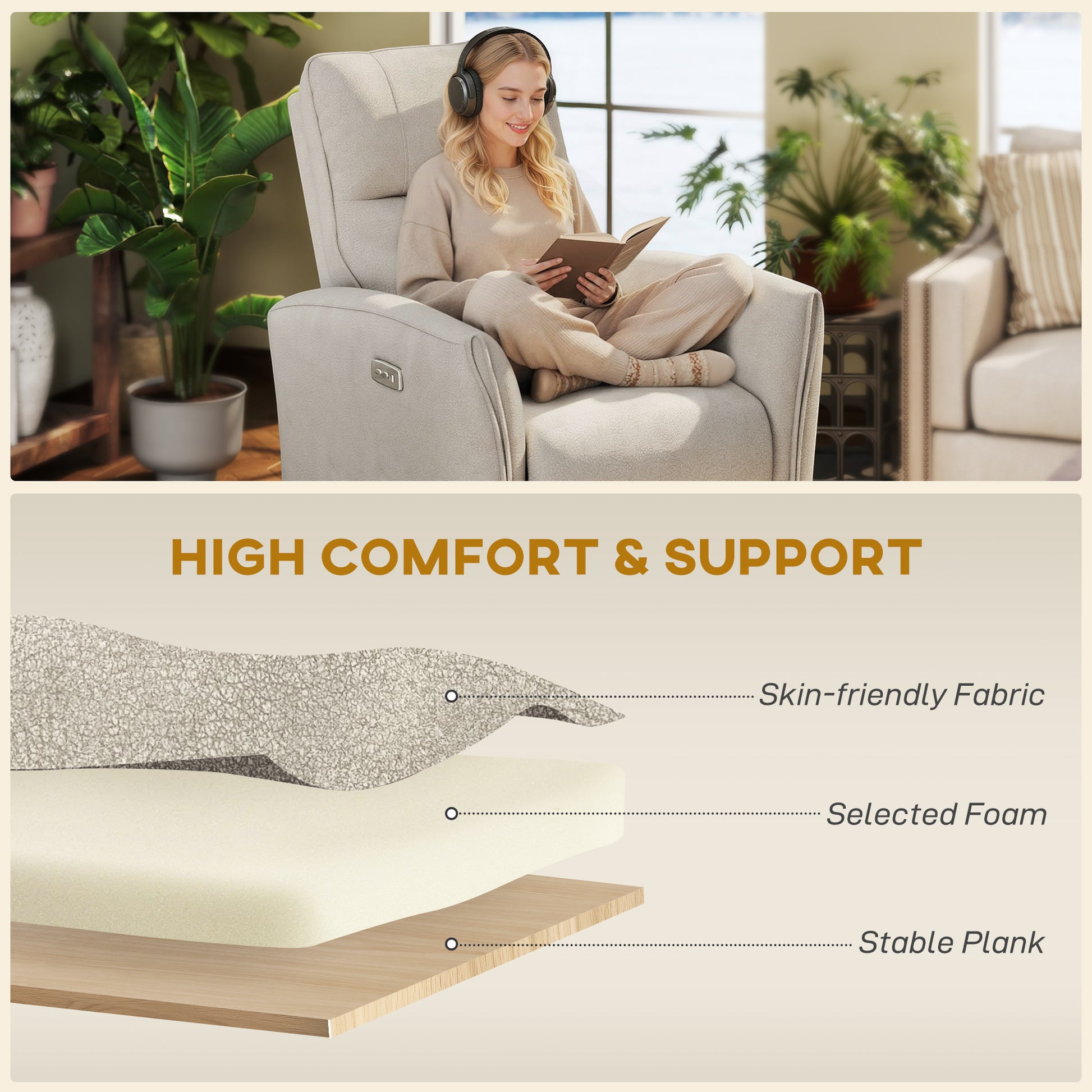 Power Recliner Chair Fabric USB Beige-DECOROLALA