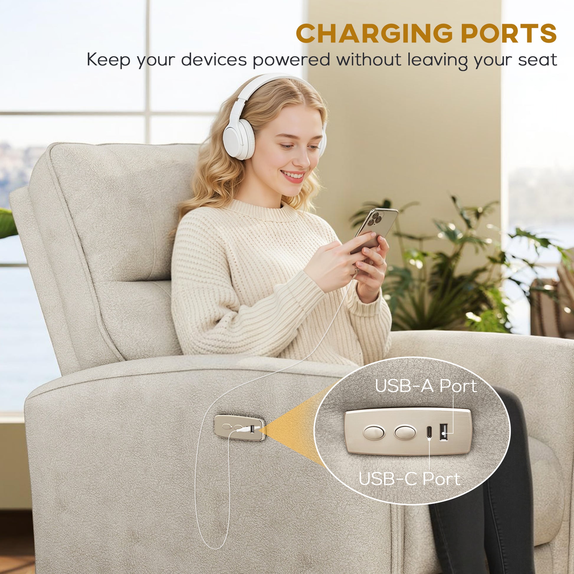 Power Recliner Chair Fabric USB Beige-DECOROLALA