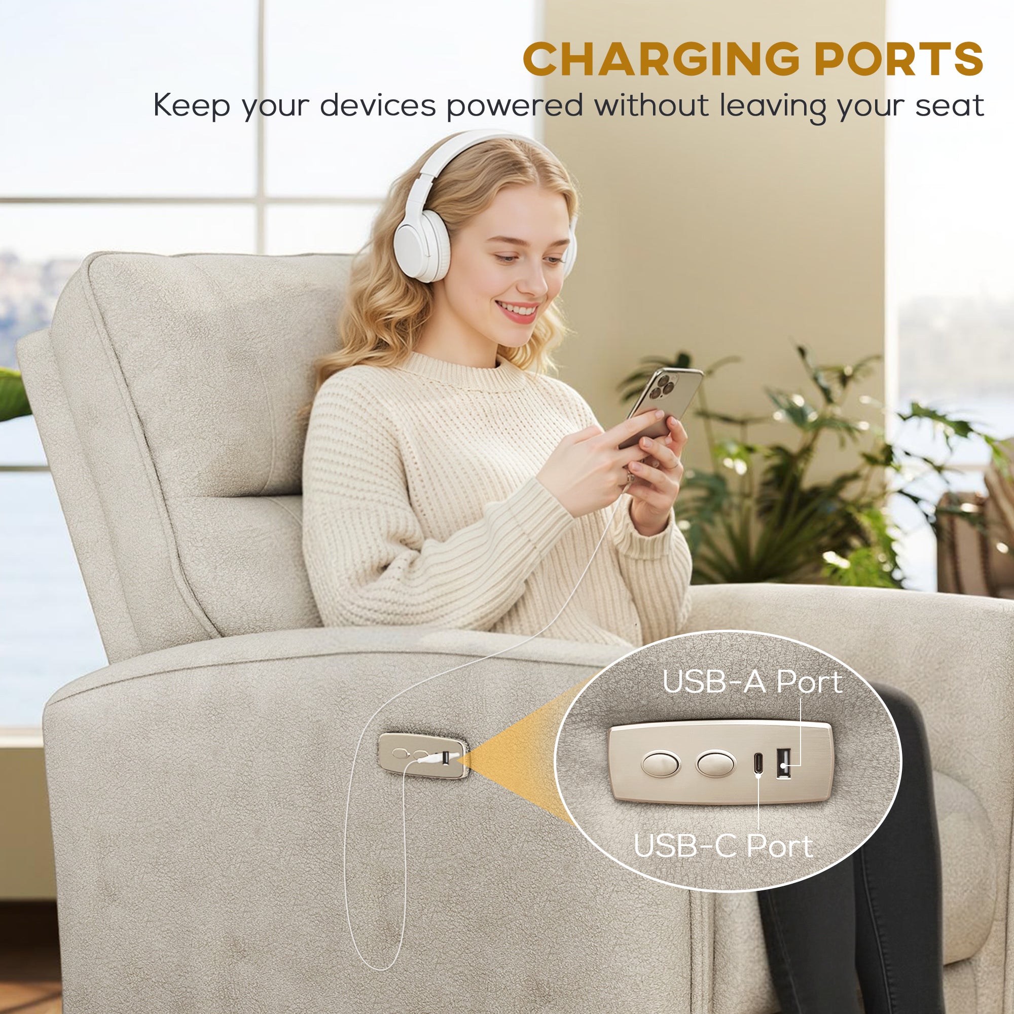 Power Recliner Chair Fabric USB Beige-DECOROLALA