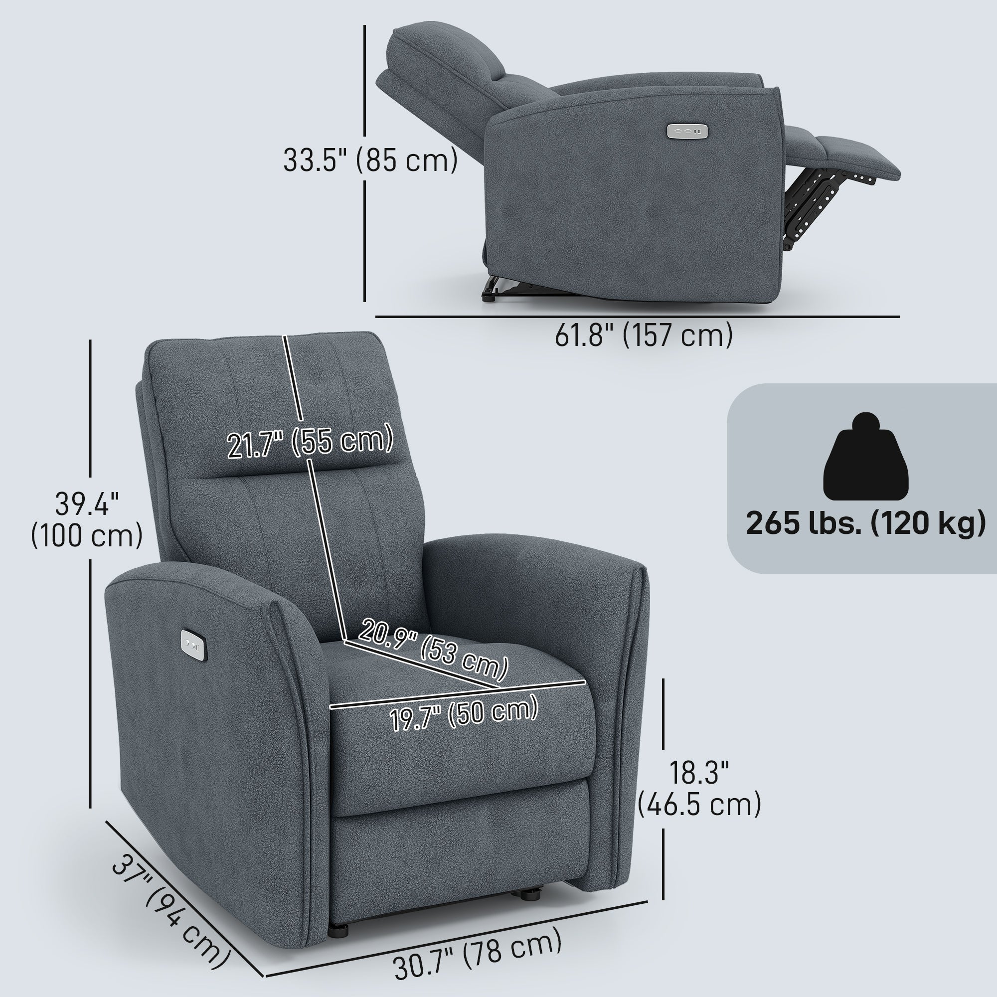 Power Recliner Chair Fabric USB Ports Charcoal Grey-DECOROLALA
