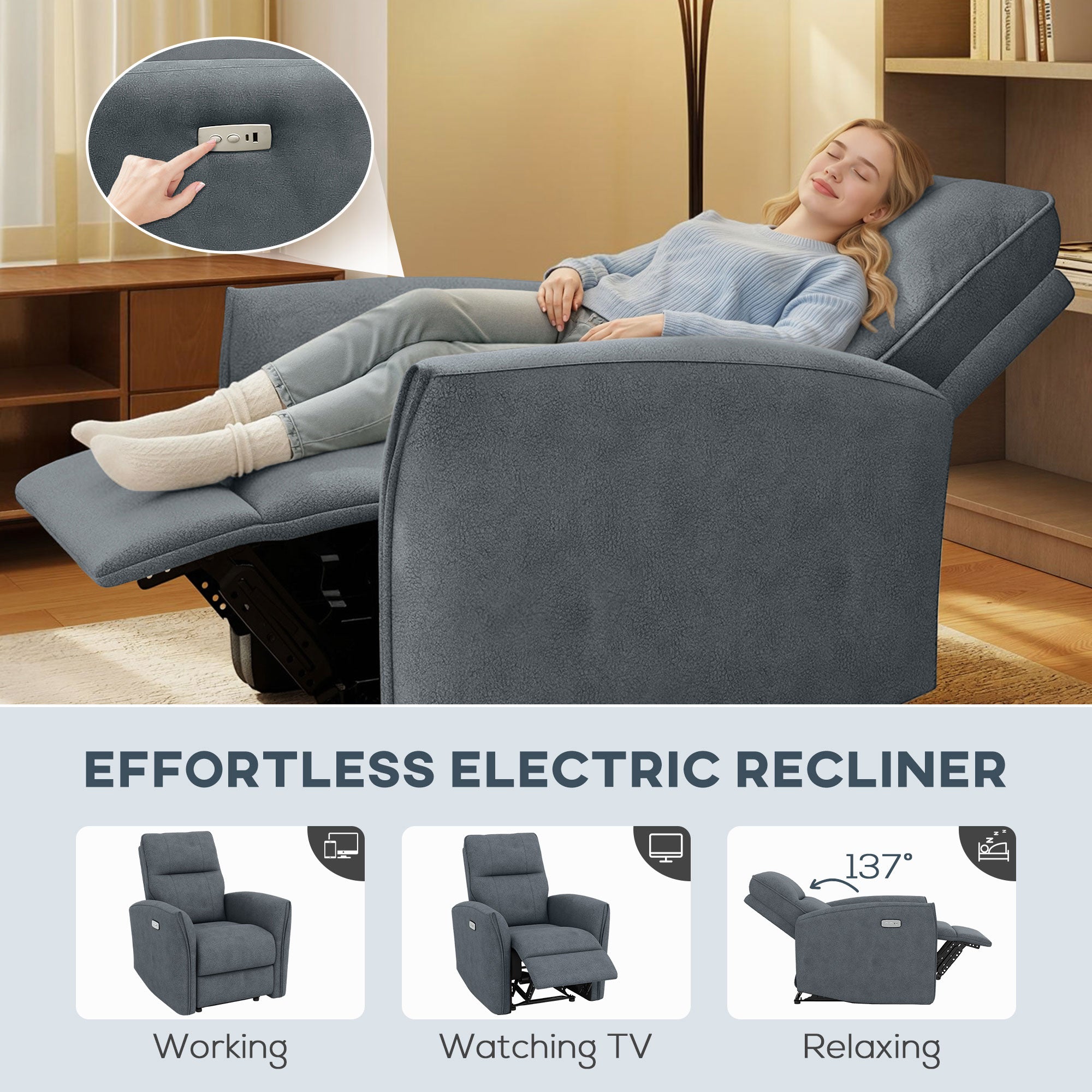 Power Recliner Chair Fabric USB Ports Charcoal Grey-DECOROLALA