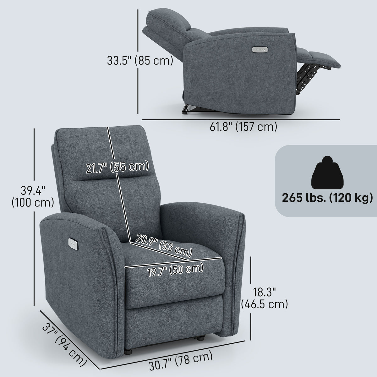 Power Recliner Chair Fabric USB Ports Charcoal Grey-DECOROLALA