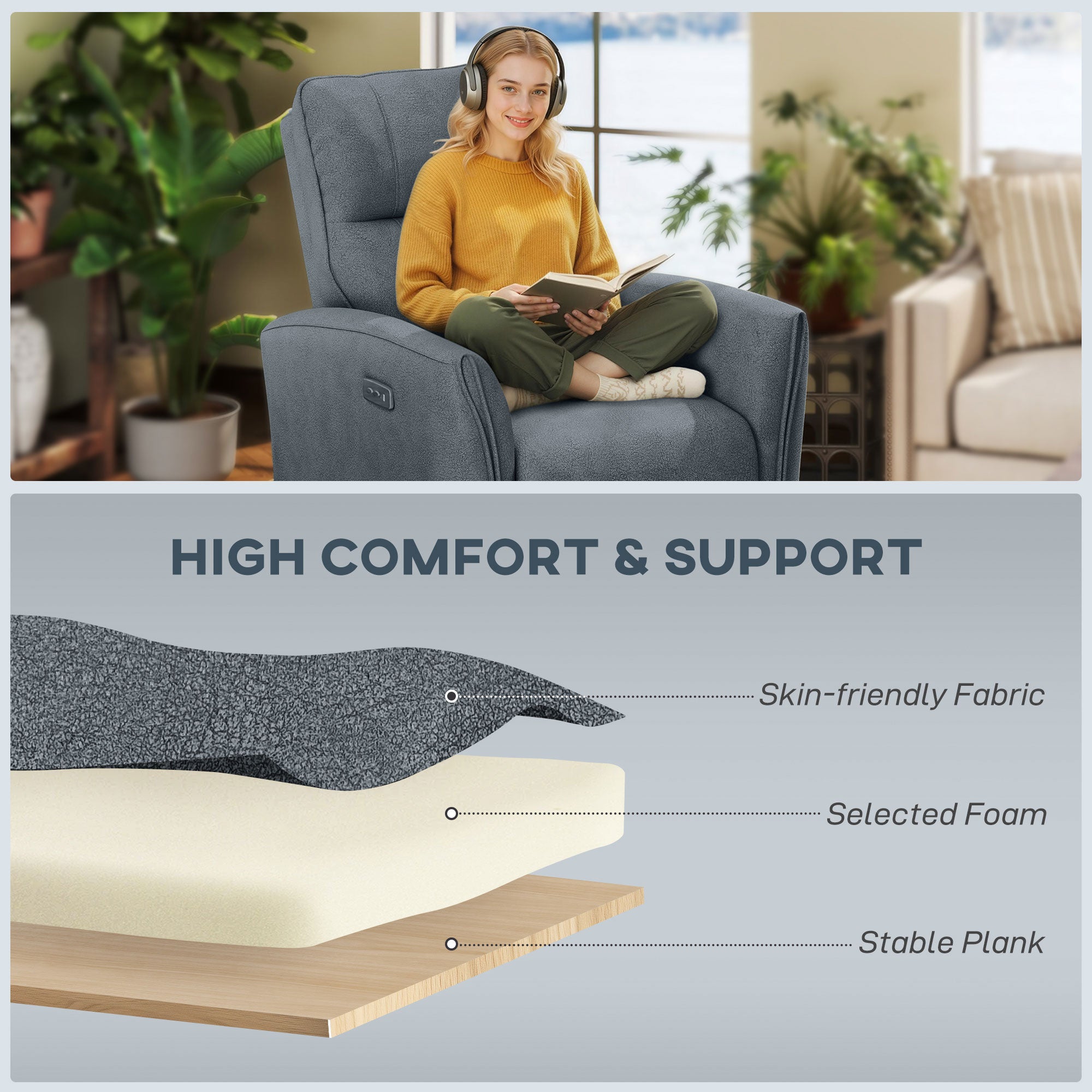 Power Recliner Chair Fabric USB Ports Charcoal Grey-DECOROLALA
