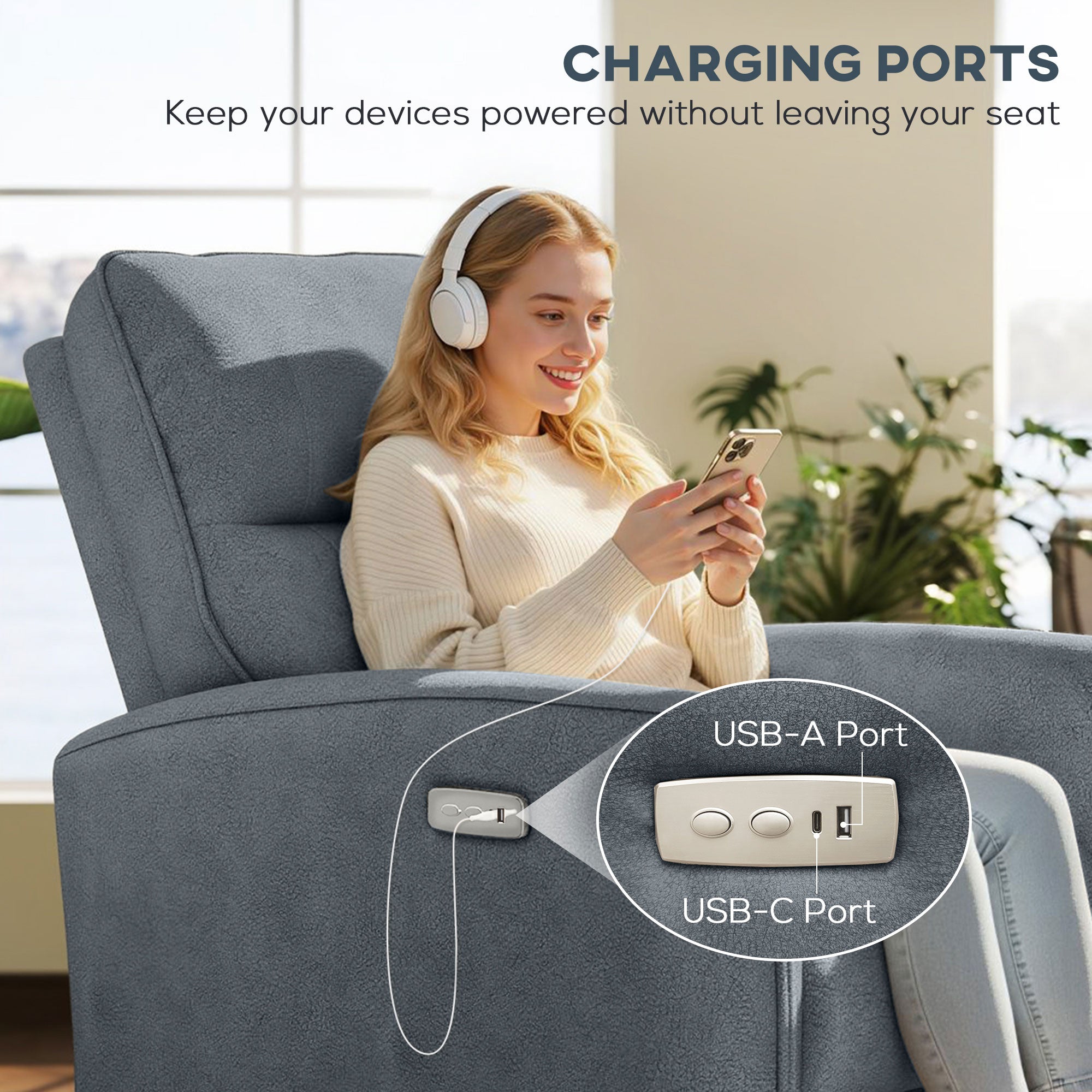 Power Recliner Chair Fabric USB Ports Charcoal Grey-DECOROLALA