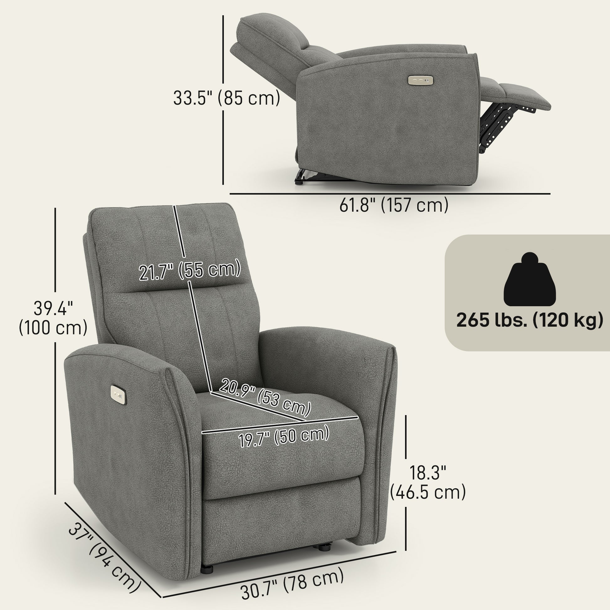 Power Recliner Chair - Grey Fabric USB-DECOROLALA